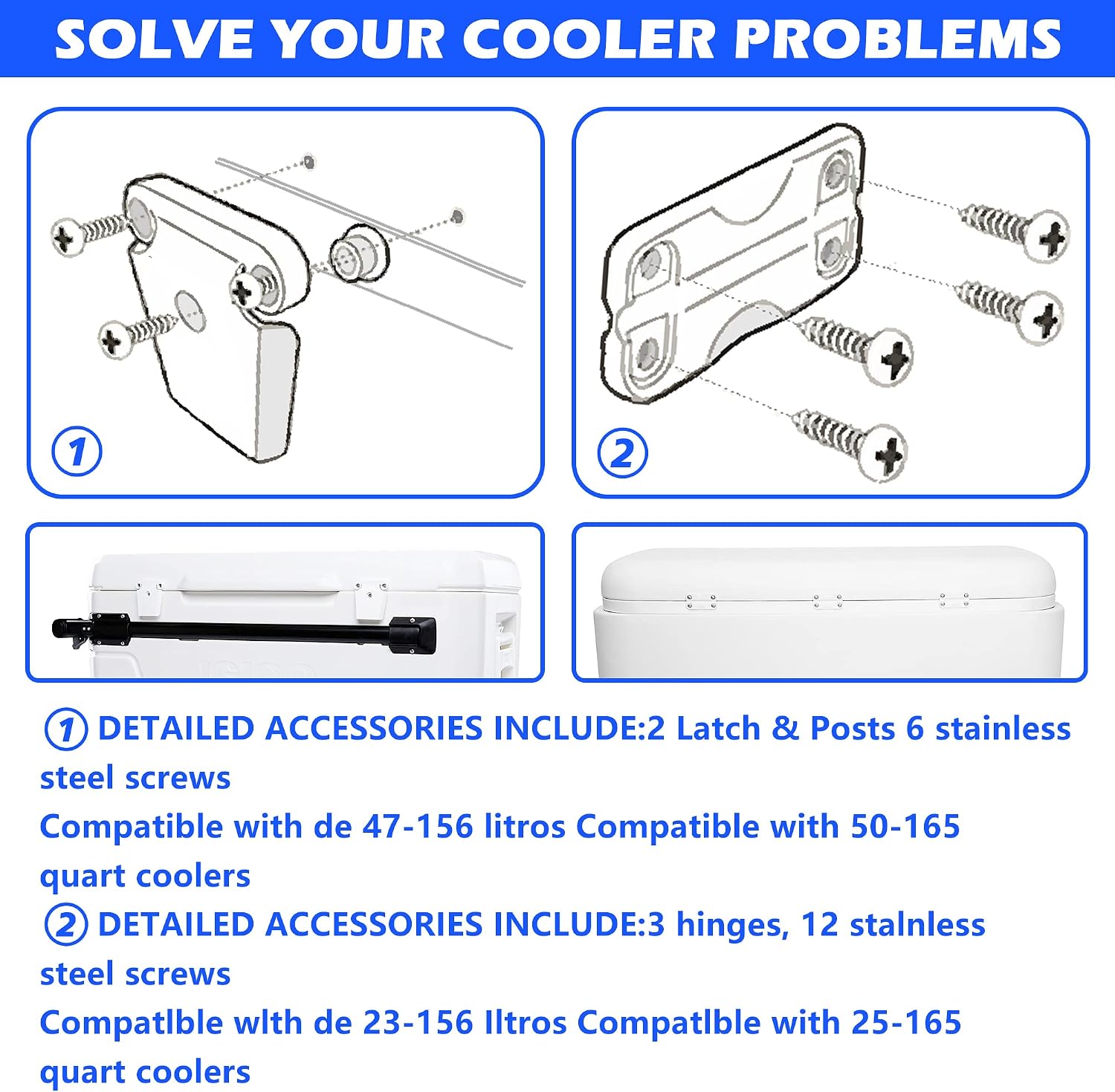 Cooler Latch Posts and Screws, High Strength Cooler Latch Replacement Parts - Latch Posts with Screws to Restore Ice Chest Seals and Enable Normal Cooler Operation.