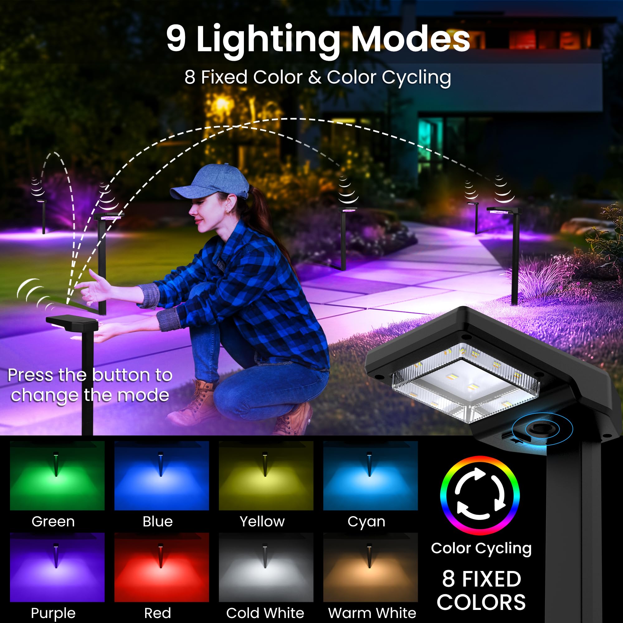 AUDERWIN Lot de 6 lampes solaires d'extérieur à changement de couleur intelligent avec modes 9 en 1 (blanc chaud/blanc froid/RVBC), éclairage paysager lumineux étanche pour allée, jardin, allée, cour