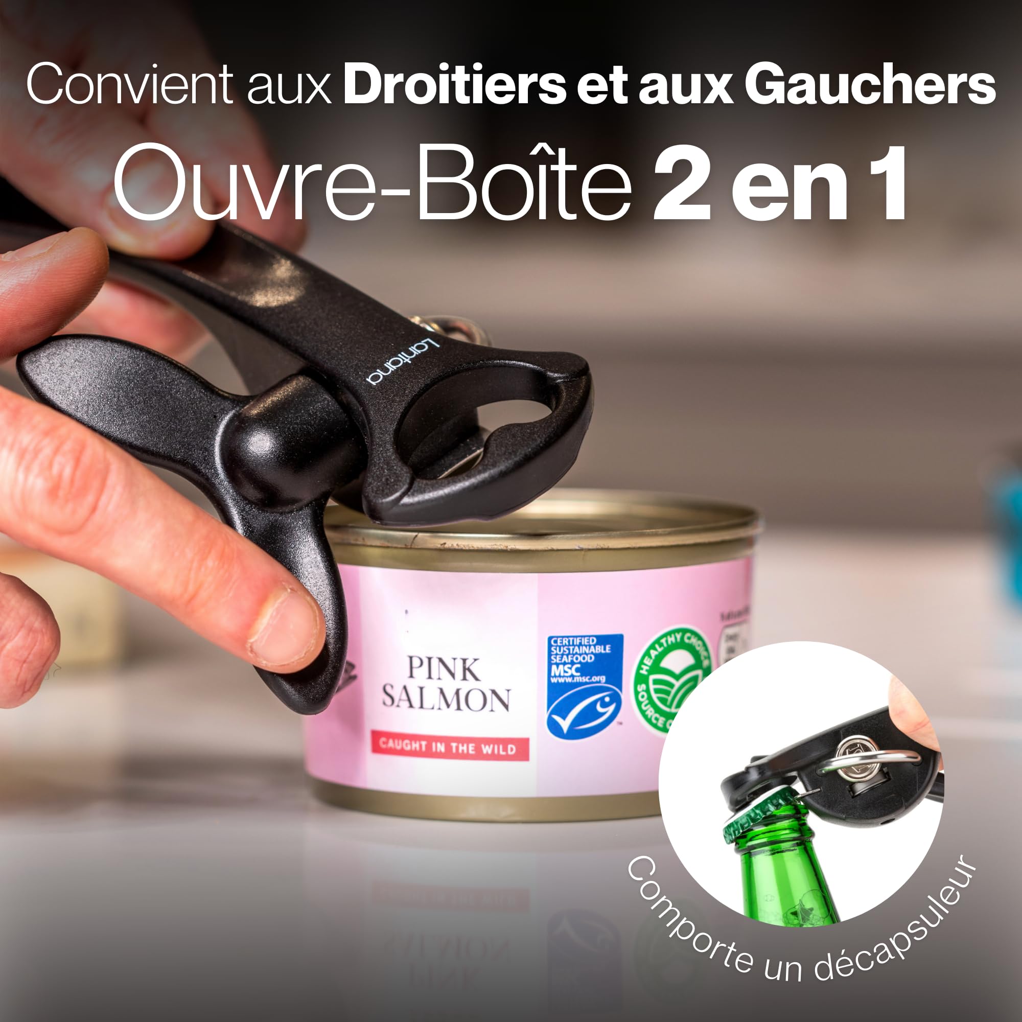 Lantana Ouvre-boîte/décapsuleur 2 en 1 noir acier inoxydable ouverture manuelle sans danger découpe latérale
