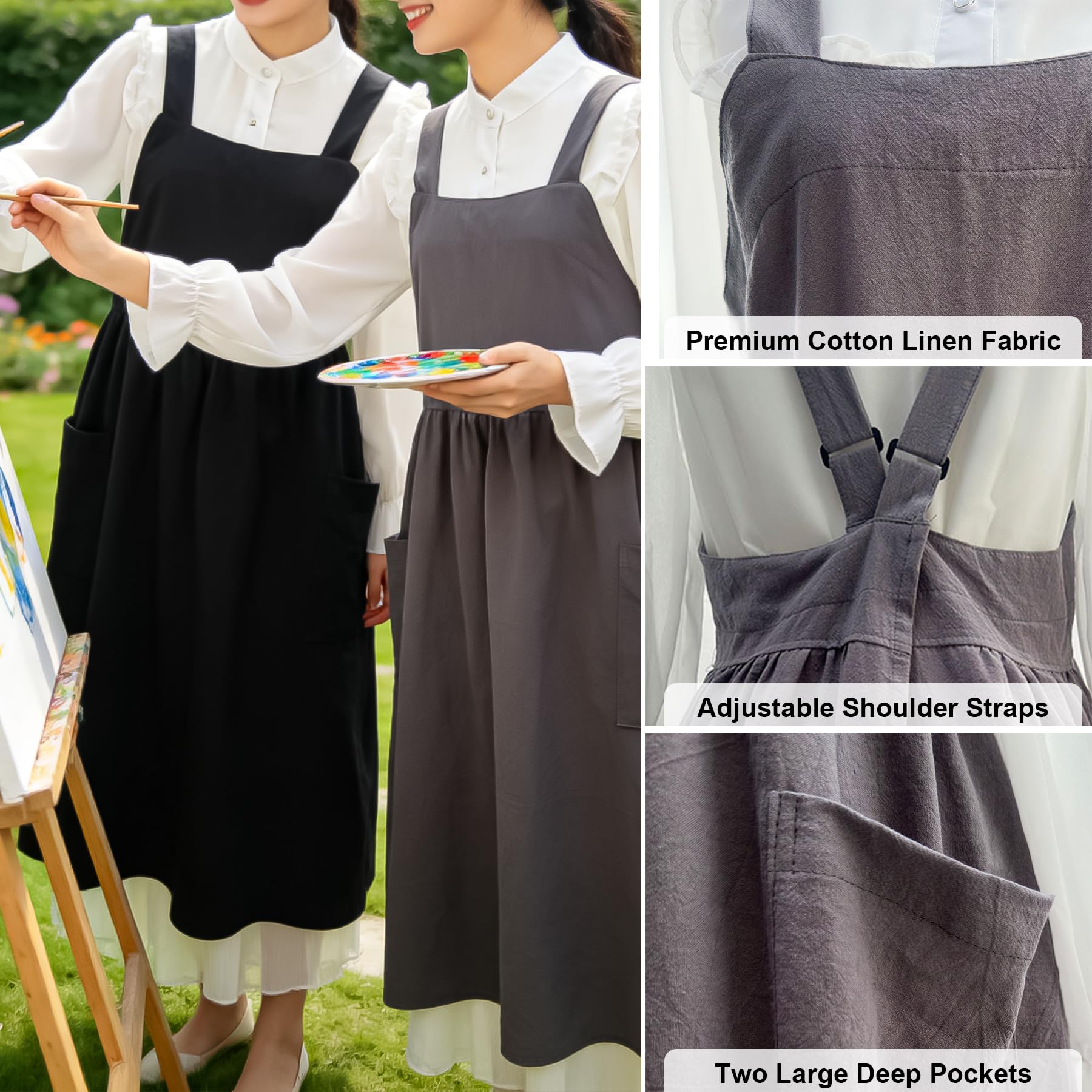 Uaussi Delantal de algodón y lino con espalda cruzada, delantal de trabajo para mujer con bolsillos, vestido de pinafore X Cruz Halter delantal para chef jardinería, Paquete de 2, negro y gris, talla