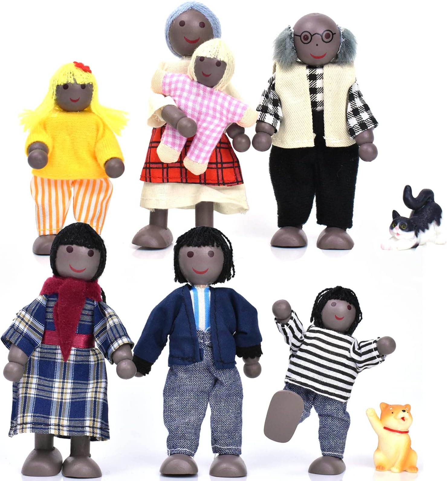 Wooden Dollhouse People of 7 Pcs Family Figures with 2 Pets (Dog and Cat) for Girls Toddler Kids Dollhouse Accessories Toy
