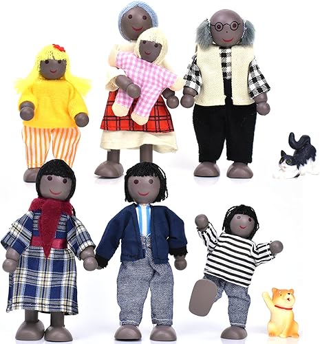 Casa de muñecas de madera, 7 piezas, figuras familiares con 2 mascotas (perro y gato) para niñas y niños pequeños, accesorios de casa de muñecas