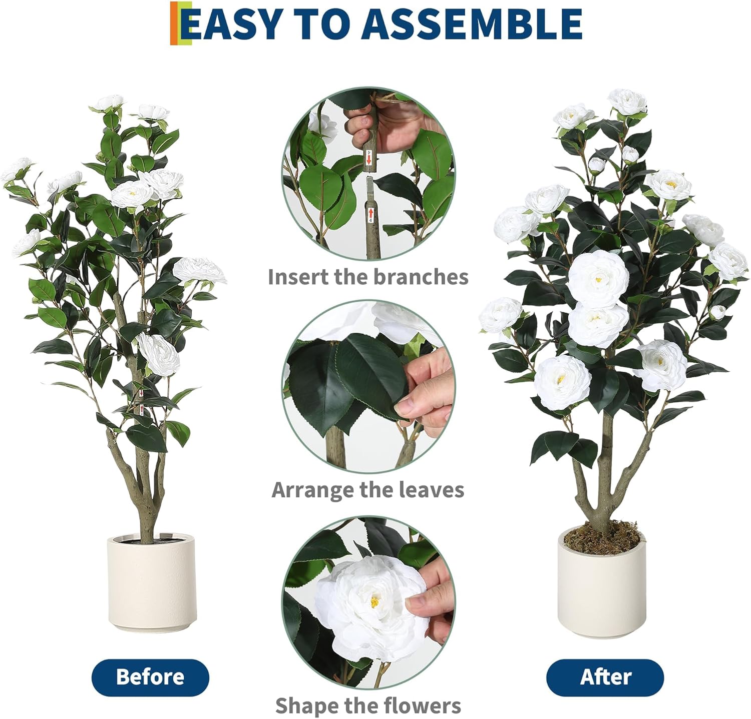 3FT Artificial Camellia Tree, Lifelike Silk Flowers with Green Foliage, Faux Plant in Pot for Home Office Indoor Outdoor Decor, Maintenance for Housewarming (White)