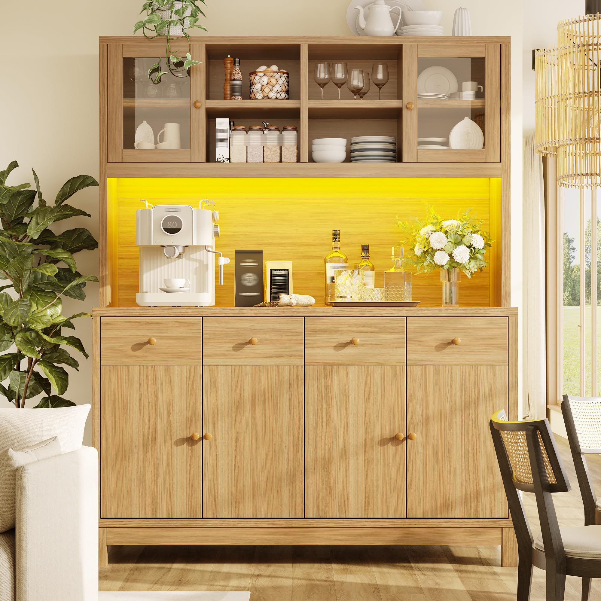 Szafa bufetowa 140 x 38,5 x 180 cm z sterowaną aplikacją RGB LED, szklane drzwi i 4 szuflady, regulowane półki, wygląd naturalnego drewna, obciążenie do 100 kg