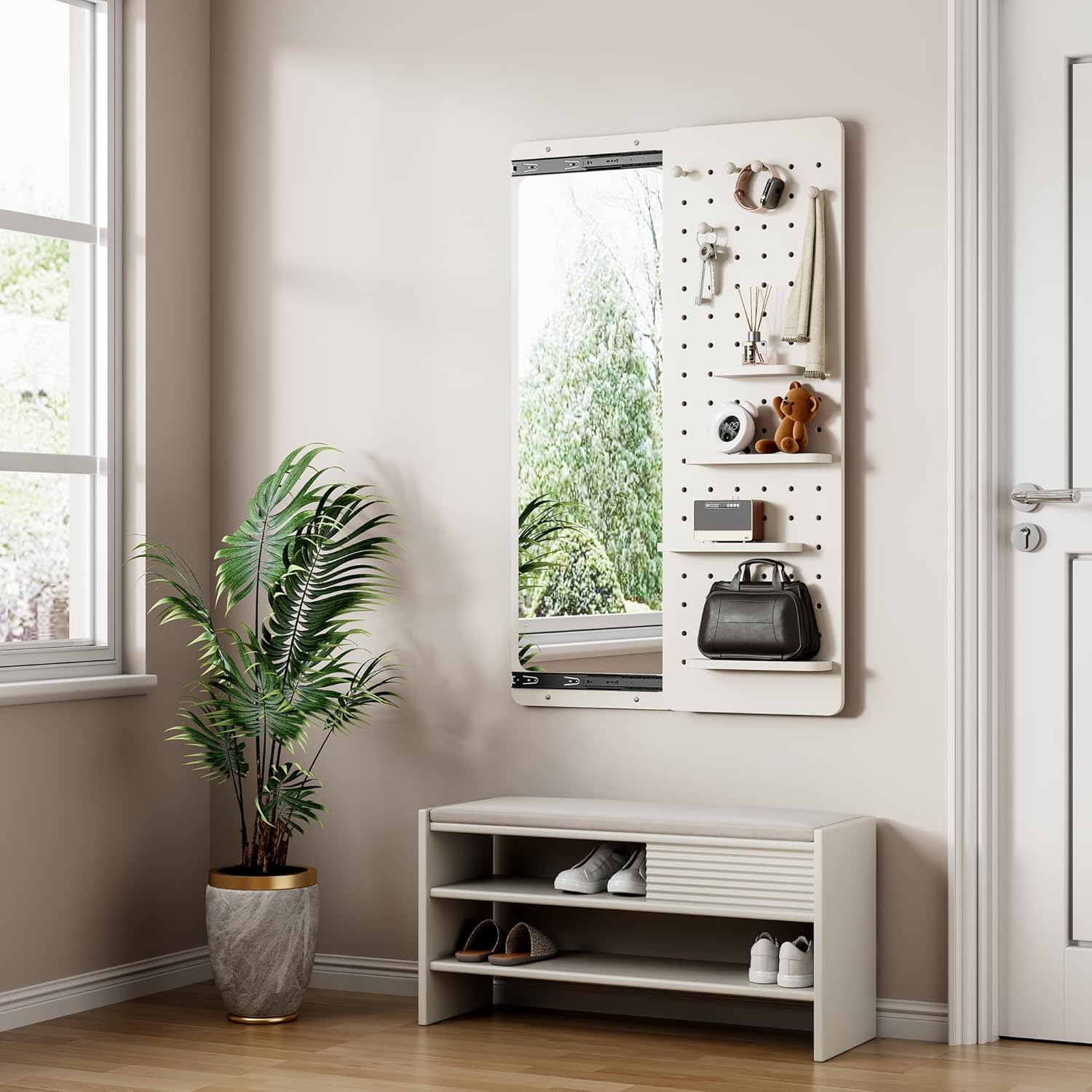 Full Length Mirror with Pegboard Shelf and Hooks, Wall Mounted Mirror with Storage, Multifunctional Entry Way Mirrors for Wall, Rubber Wood Full Body Mirror for Bedroom, Living Dressing Room,White