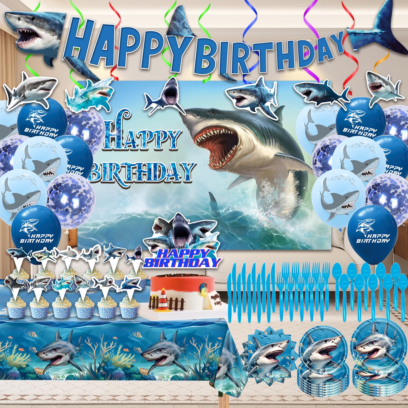 Shark Birthday Party Supplies, Shark Theme Style Party Include Happy Birthday Banner, Backdrop, Tableware Set, Tablecloth, Hanging Swirls, Cake Toppers, Cupcake Toppers, Latex Balloons(A)