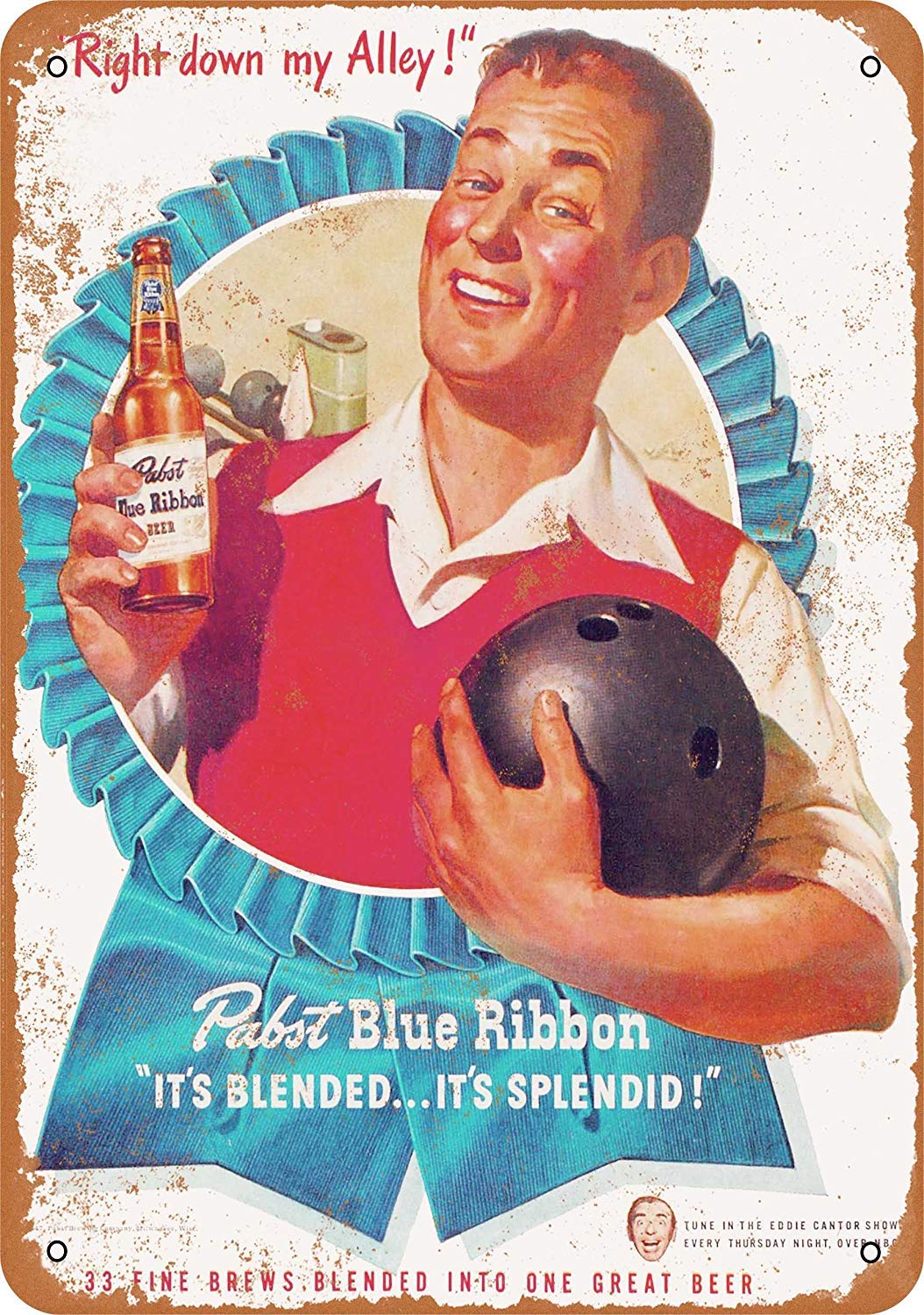 1947 Pabst Beer and Bowling Vintage Look Decorative Metal Signs 8 x 12 Tin Art Wall Decor Aluminum Sign for Home
