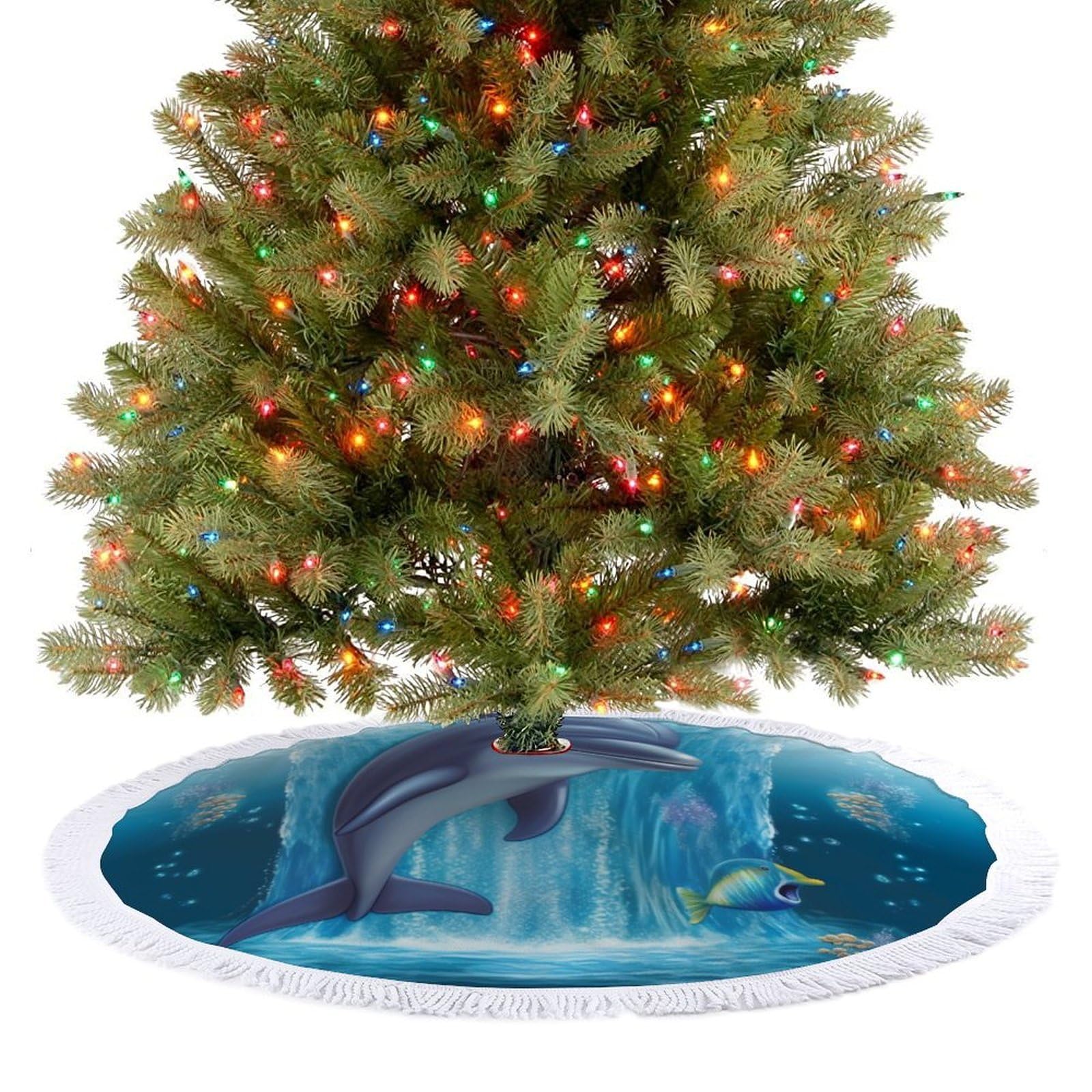 Dolphin Christmas Tree Skirt 36"x36" Rustic Xmas Tree Mat with Tassel Ornament Christmas Trees Cover Skirt Mat for Evergreen Trees Ornament Winter Holiday Mats Decorations