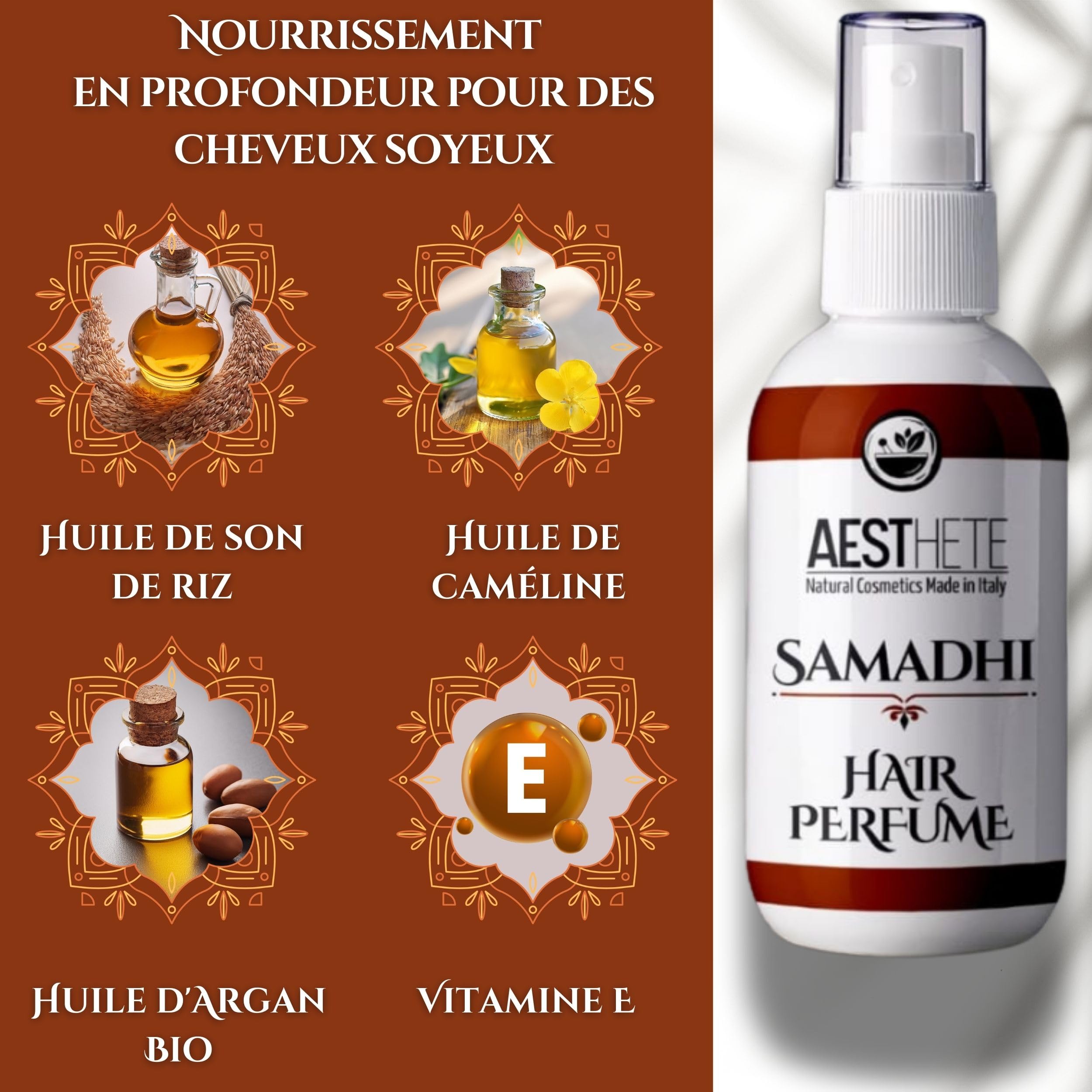 SAMADHI - Parfum Cheveux Femme Et Homme Avec Jasmin, Cèdre Et Vanille, Hydratant Et Nourrissant. Sans Alcool, Parfum Longue Durée, Huile Cheveux Spray - 50ml - Non Gras - Made In Italy, Aesthete