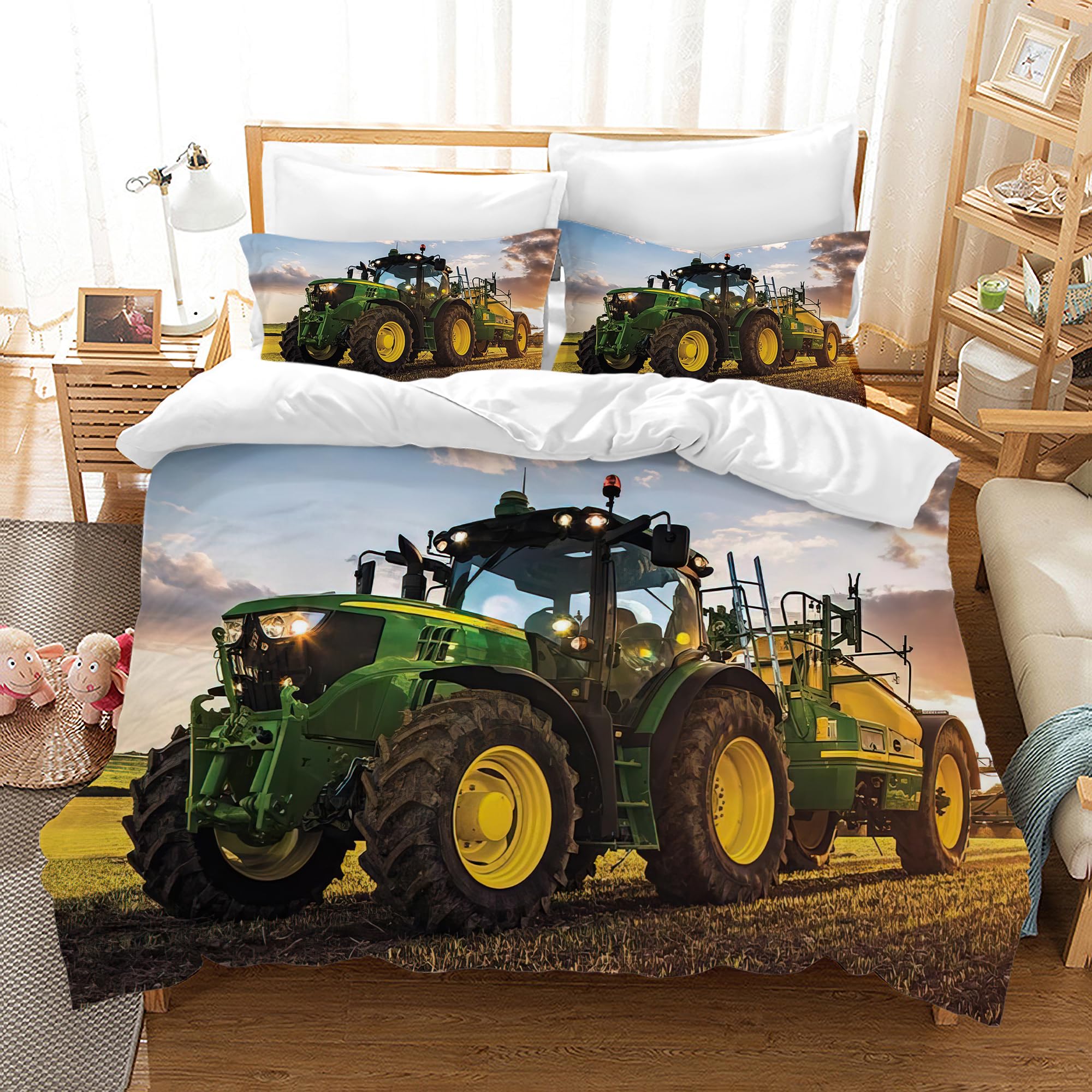 AVJWWD Tractor Bedding Duvet Cover Set Soft Microfiber Tractor Print Pattern Bedding Set with Zipper Closure and 2 Pillow Shams for Kids Adults (Tractor C, 220x240cm)