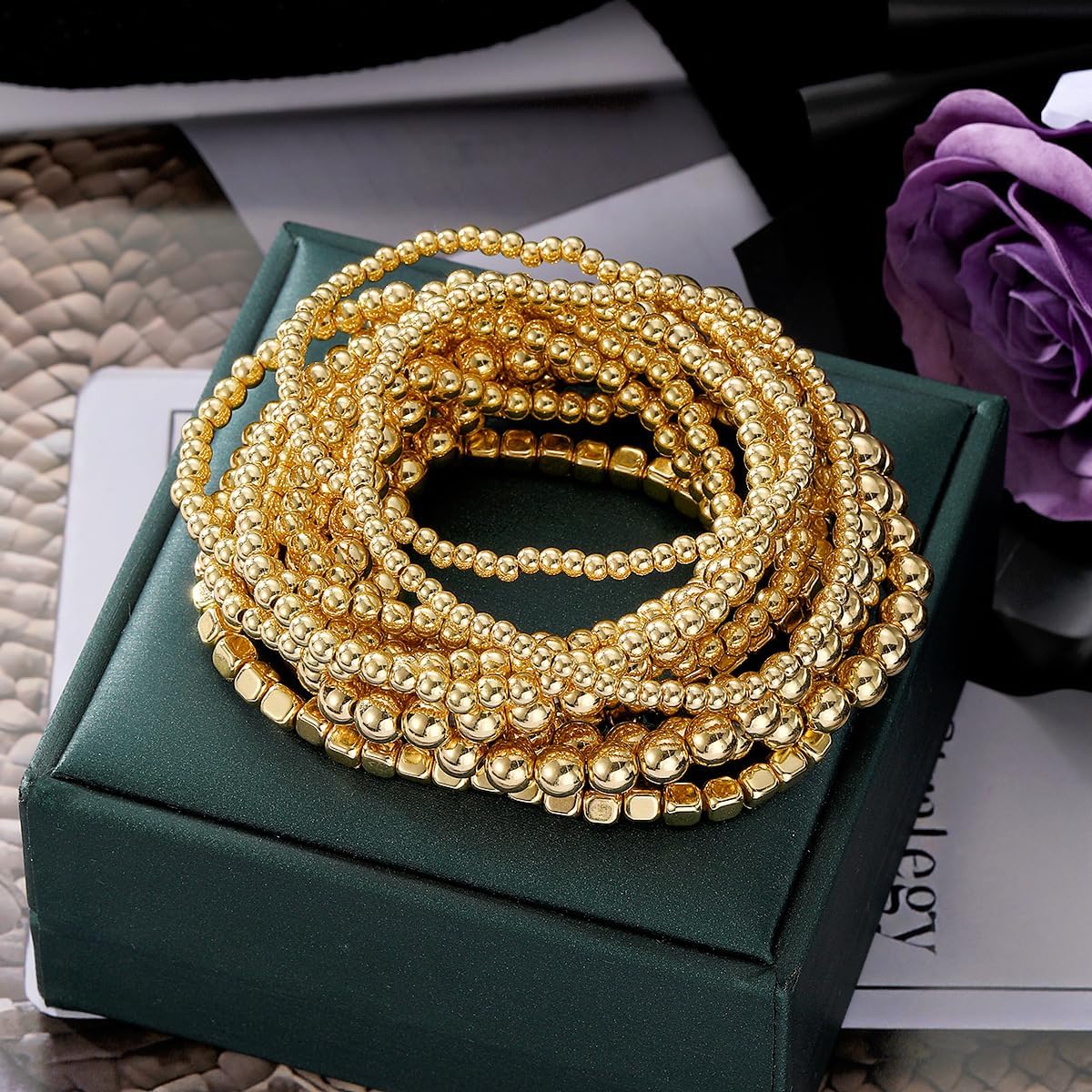 Gold Beaded Stackable Bracelet Set for Women Multilayer Beaded Stretch Bracelet Adjustable Round Beads Bracelets Golded Statement Jewelry Gift for Women - Image 8