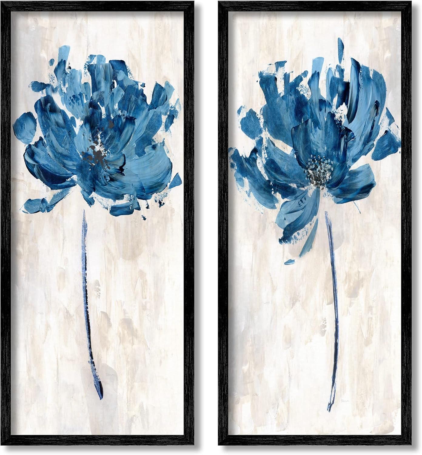 Stupell Industries Vivid Blue Abstract Flowers Rustic Florals Neutral Beige, Design by Katrina Craven Black Framed Wall Art, 2pc, Each 13 x 30