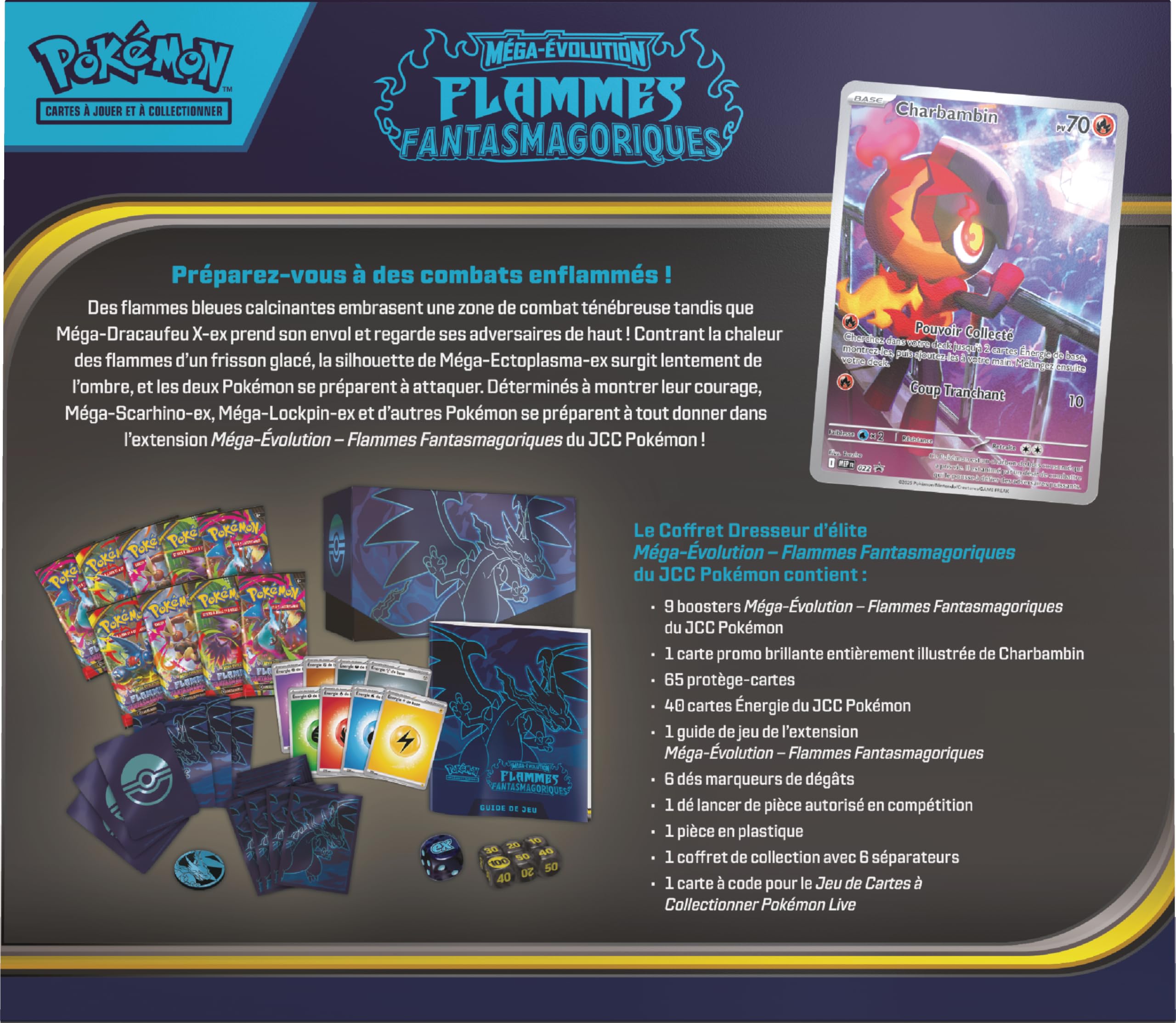 Pokémon : Coffret Dresseur d’élite Méga-Évolution – Flammes Fantasmagoriques du JCC Pokémon (1 Carte Promo entièrement illustrée, 9 boosters et des Accessoires de Jeu Premium)