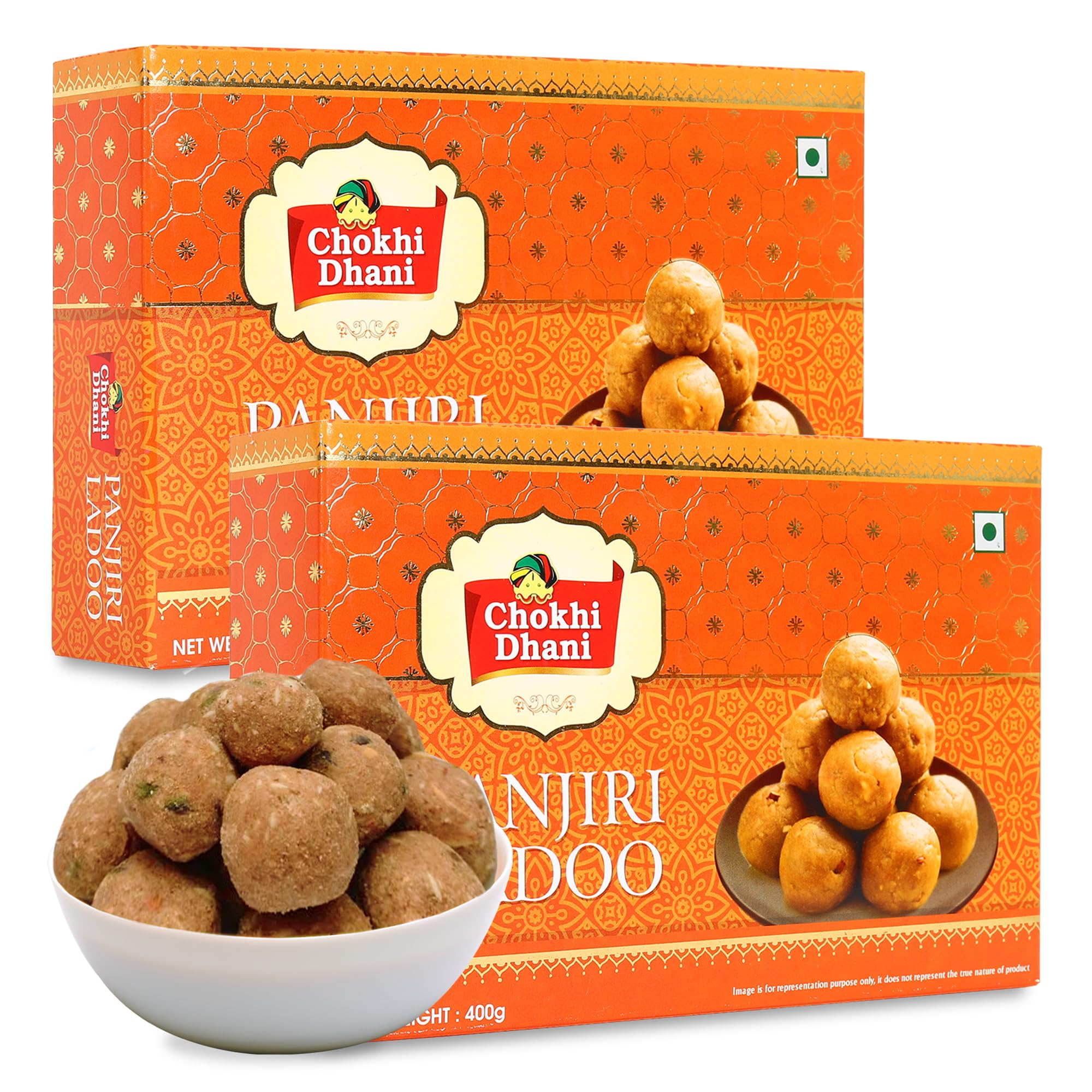 Chokhi Dhani Panjiri Ladoo 400g x 2 Pack | Traditional Indian Sweet | Nutrient-Rich Whole Wheat & Dry Fruits Laddu | Ready to Eat Festive Dessert