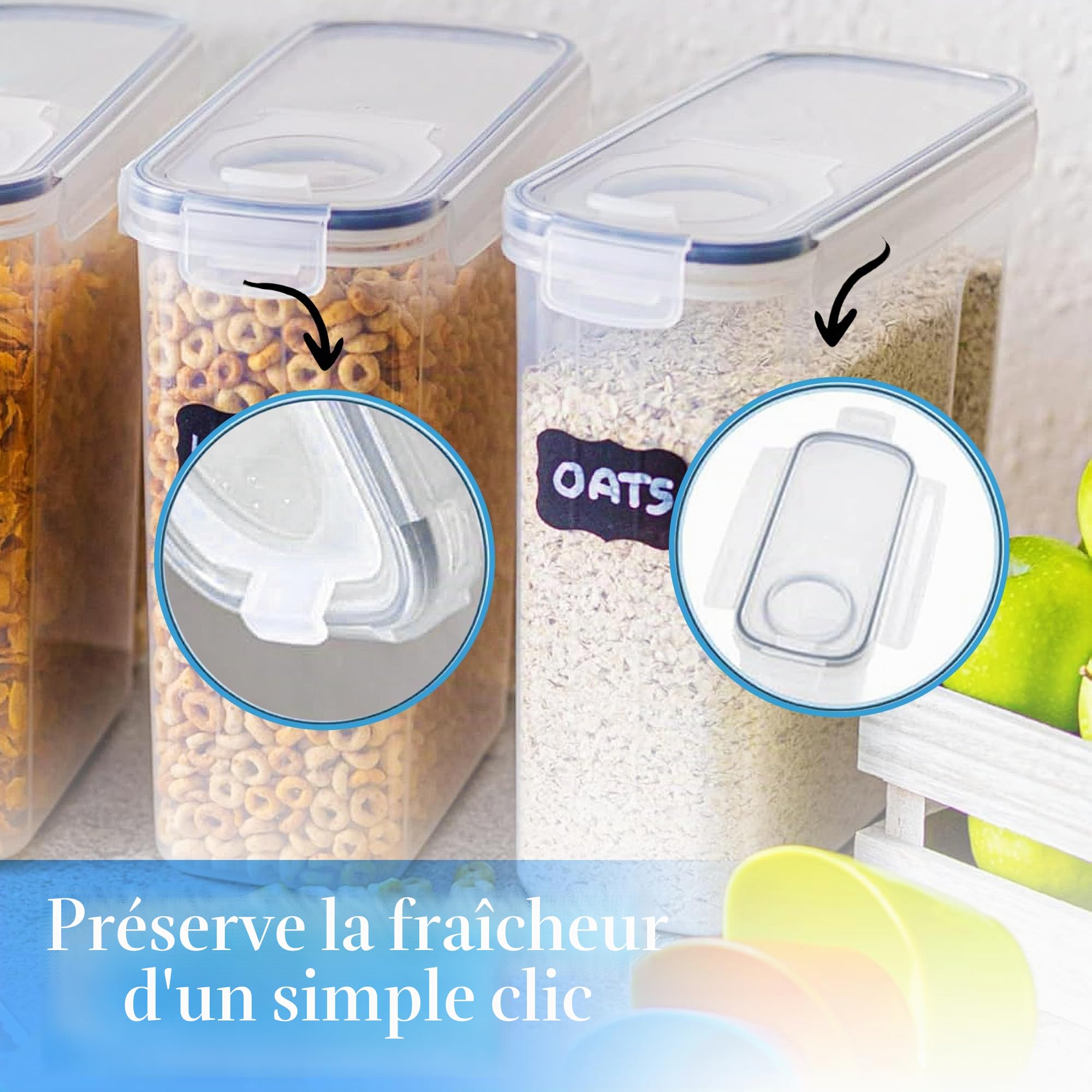 nuovva Lot de 4 boîtes de conservation en plastique pour céréales - Distributeur de céréales pratique - Qualité alimentaire et sans BPA - Durable et facile à utiliser - Idéal pour les cornflakes