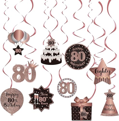 Decoración de techo de remolinos colgantes para fiesta de cumpleaños número 80, 80 espirales colgantes de papel de aluminio con recortes para 80