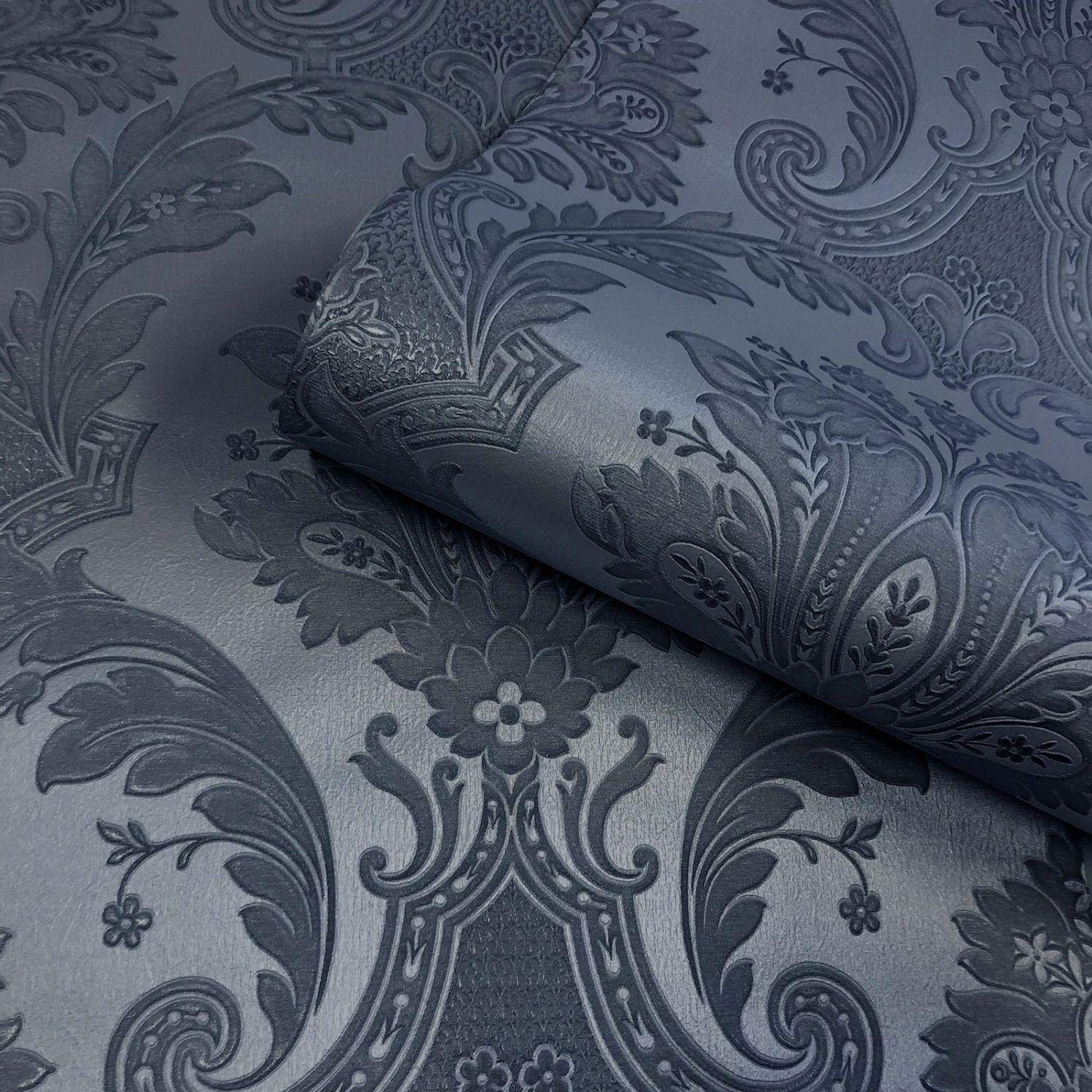 Yöl Dark Blue Heavy Duty Italian Vinyl Embossed Damask Design Navy Traditional Design