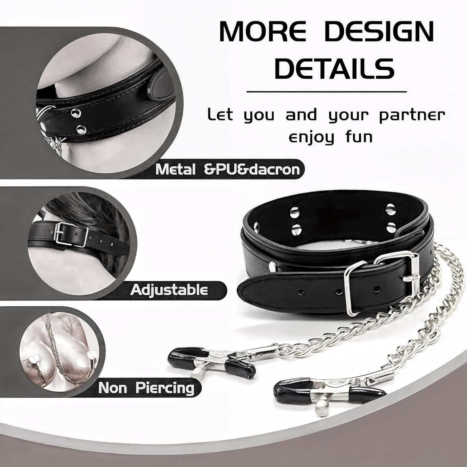 Adjustable Nipple Clamps with Collar & Silver Chain – Non-Piercing BDSM Nipple Clamp Set for Couples, Soft Silicone Tips, Black PU Leather Choker with Metal Chain, Fetish Bondage Accessories (Silver)