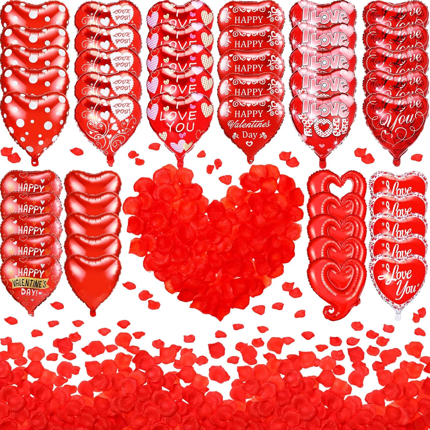 50 Pcs Valentines Day Balloons Set 18 Inch Valentine's Day Foil Balloons Red Heart Assorted Balloons with Rose Petals for Valentines Party Sweetest Day Special Night Romantic Decor