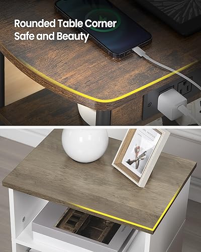 Miniatura 7 de Mesa auxiliar con estación de carga, mesa auxiliar de cama de almacenamiento de 3 niveles con puerto USB y tomacorriente, mesita de noche para sala