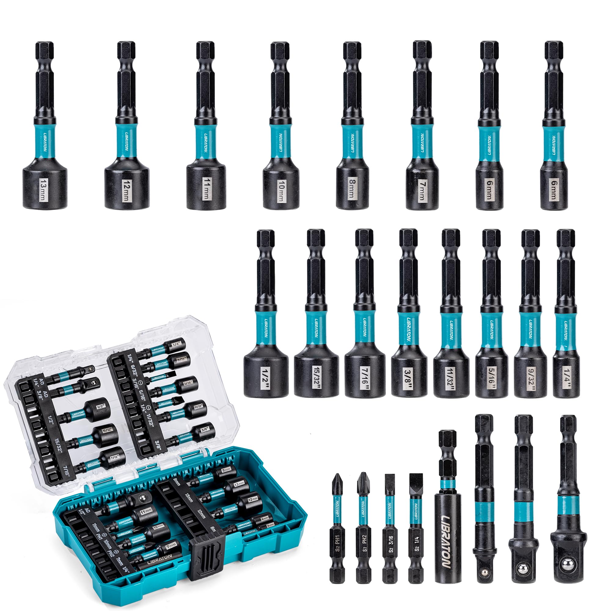 Libraton Black 24Pcs Magnetic Nut Driver Set, Impact Drill Driver Bit Set 1/4", Metric And Sae Nut Drivers For Impact Drill, Impact Socket Adapters, Screwdriver Bits, Bit Holder, With Phosphating