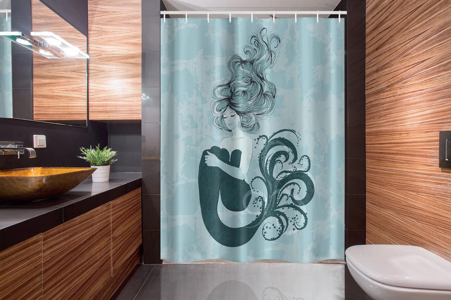 Ambesonne Mermaid Stall Shower Curtain, Sleeping Girl Design Wavy Hair Hand Drawn Effect Grungy Backdrop, Fabric Bathroom Decor Set with Hooks, 54" W x 78" L, Pale Blue Dark Teal