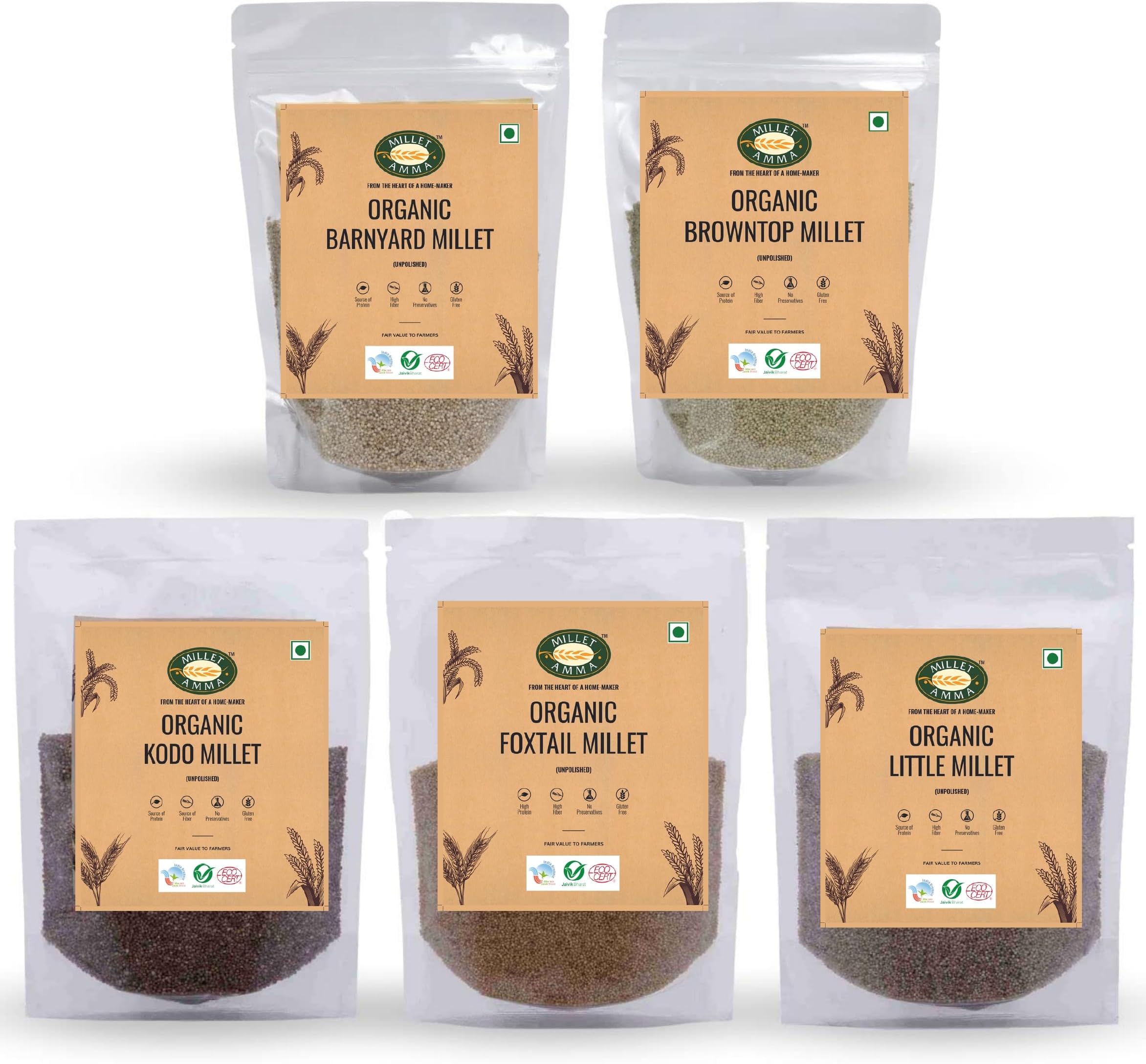 - Millet Amma Grain Combo, Kodo, Foxtail, Browntop, Little, Barnyard Millets, 2.5Kg Pack, 5 Pieces