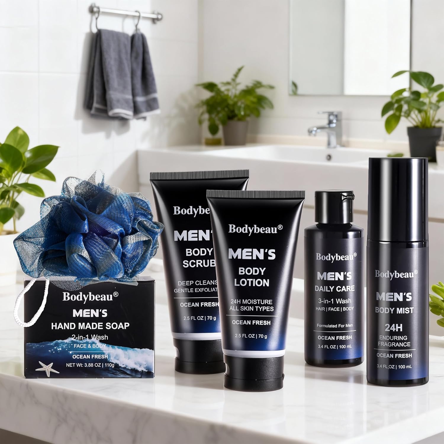 kit contents laid out - wash, lotion, scrub, soap, spray, bag