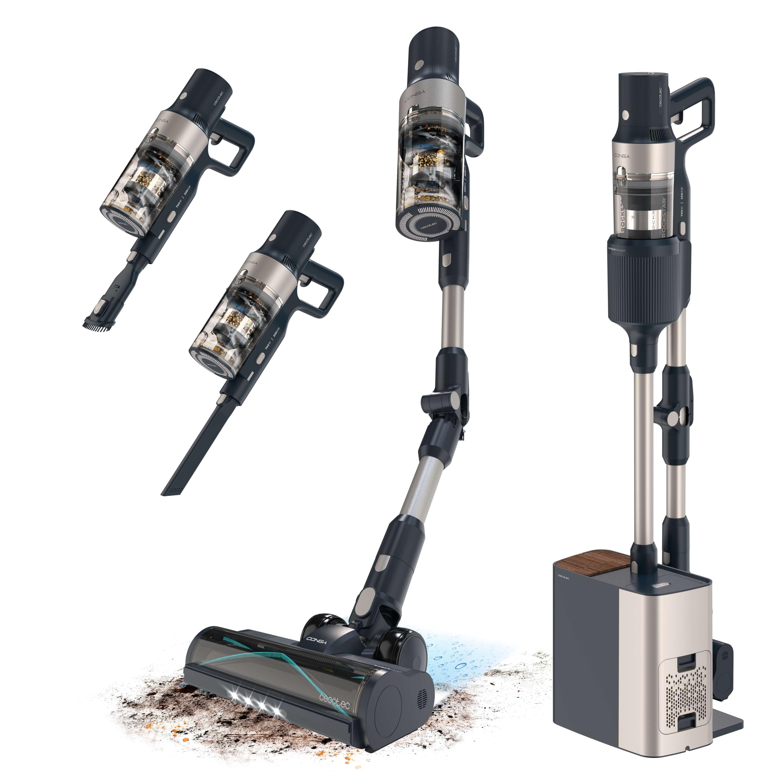 Cecotec Aspiradora Escoba Sin Cable Conga Rockstar 5500 Hurricane Station Flex, MAX 220 AW, 700 W, Base de Autovaciado, hasta 90min de Autonomía, Cepillo antienredos, Tubo Flexible y Ciclón Paralelo