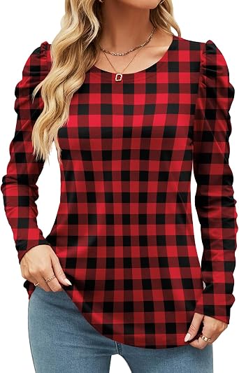 Ivicoer Womens Puff Sleeve Crew Neck Tunic Tops Casual Cute Loose Fit T Shirts Soft Work Floral Print Blouses S-XXL