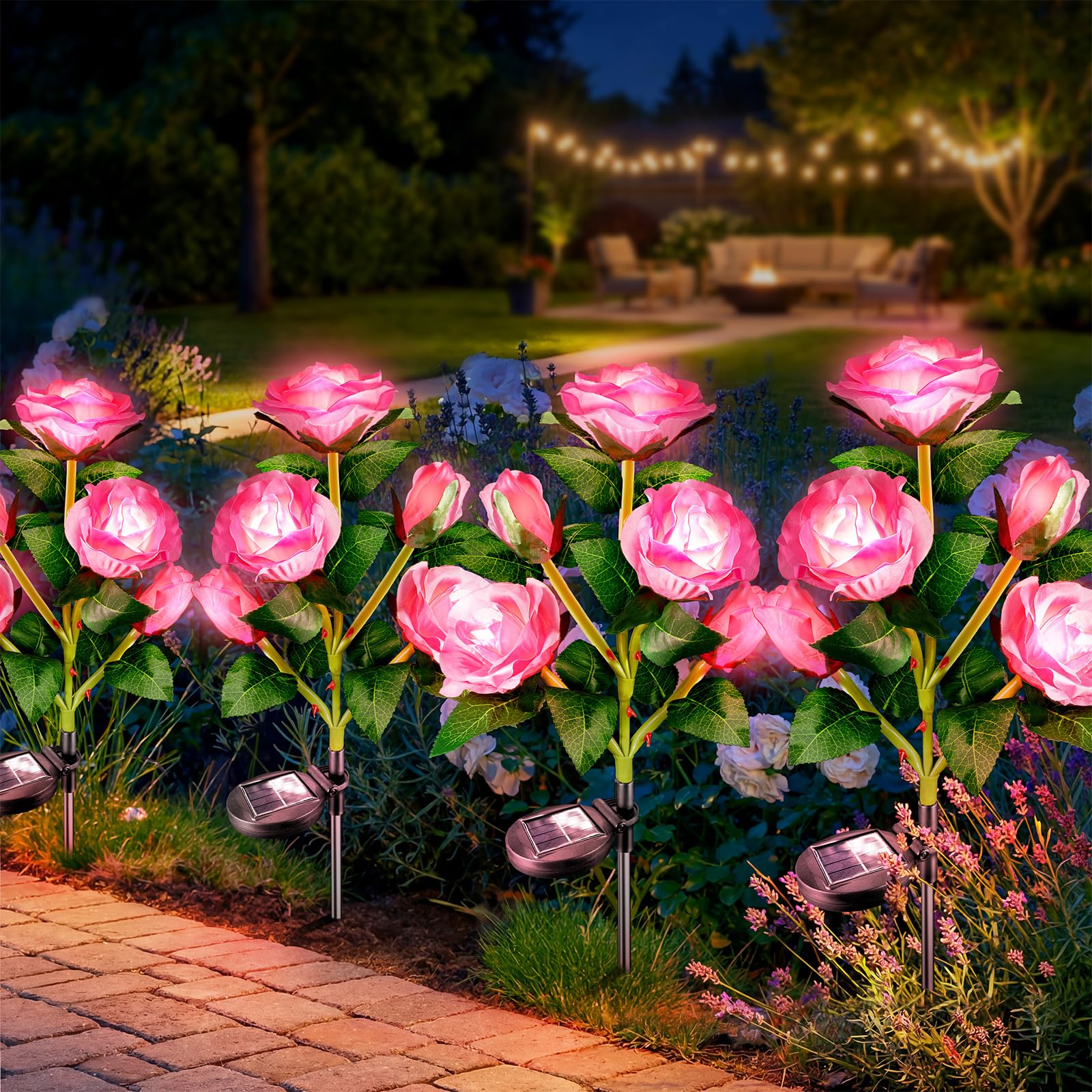 Anordsem Solar Garden Lights Outdoor: 20 Waterproof Fabric Roses 4 Pack - Pink LED Flower Decorations for Yard Patio Path Cemetery Grave - Mother’s Day Gift for Her Women Mom Wife