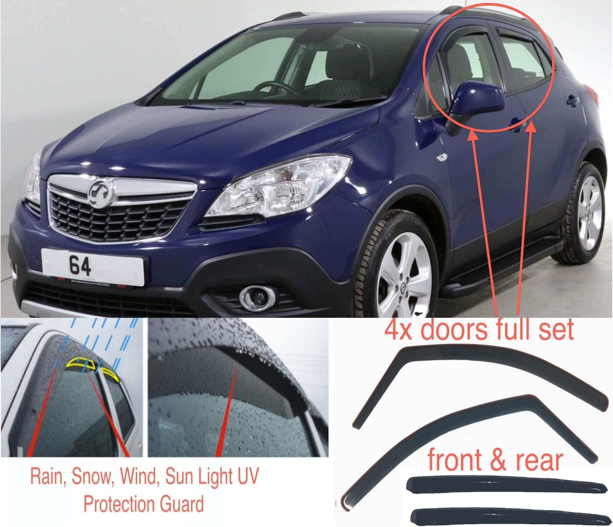 AC WOW 4x Wind Deflectors Compatible with Vauxhall Mokka 2012 2013 2014 2015 2016 2017 2018 2019 2020 Acrylic Glass PMMA Door Window In-Channel Visors Rain Snow Sun Weather Shields Guards