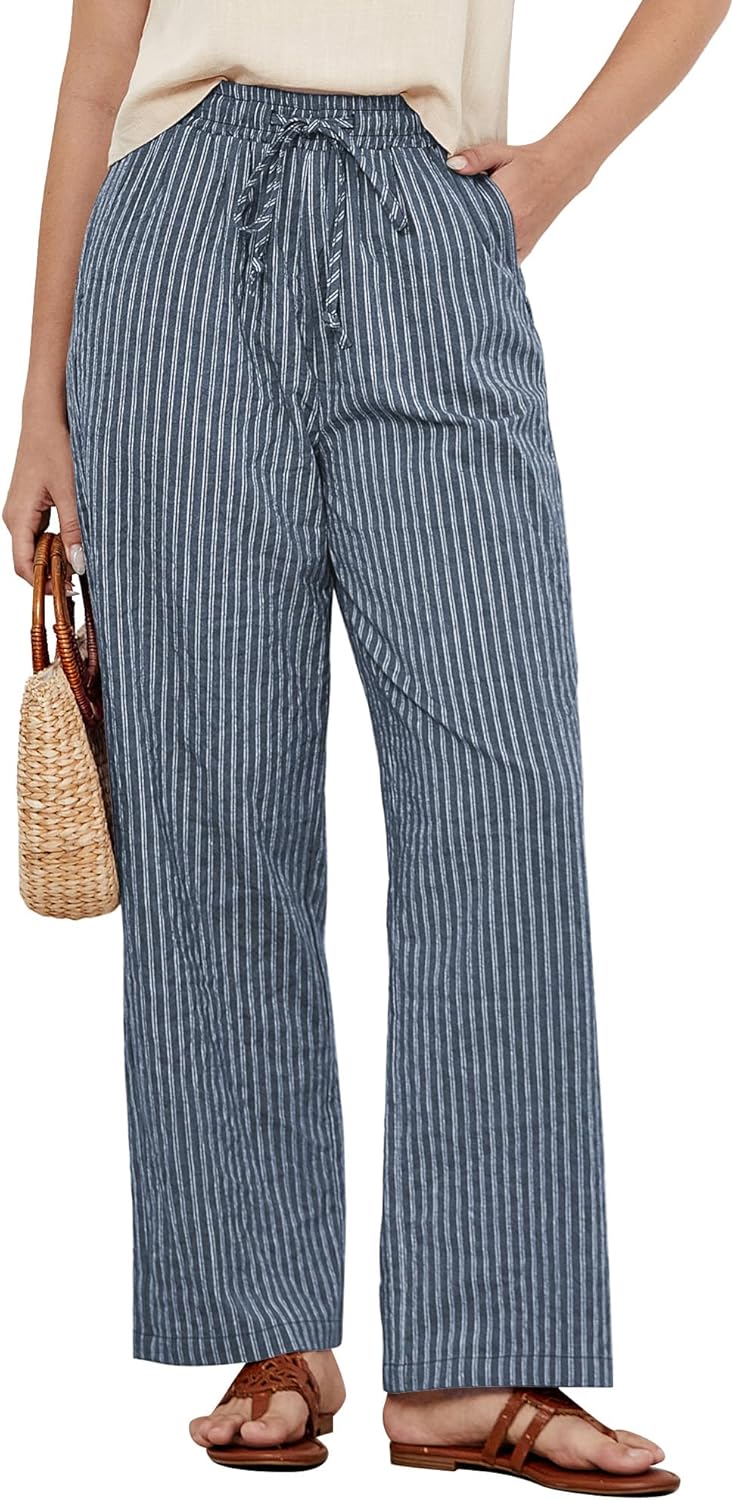 GRAPENT Striped Pants for Women High Waisted Wide Leg Cotton Linen Trendy Beach Pull on Elastic Waist Casual Flowy Pants