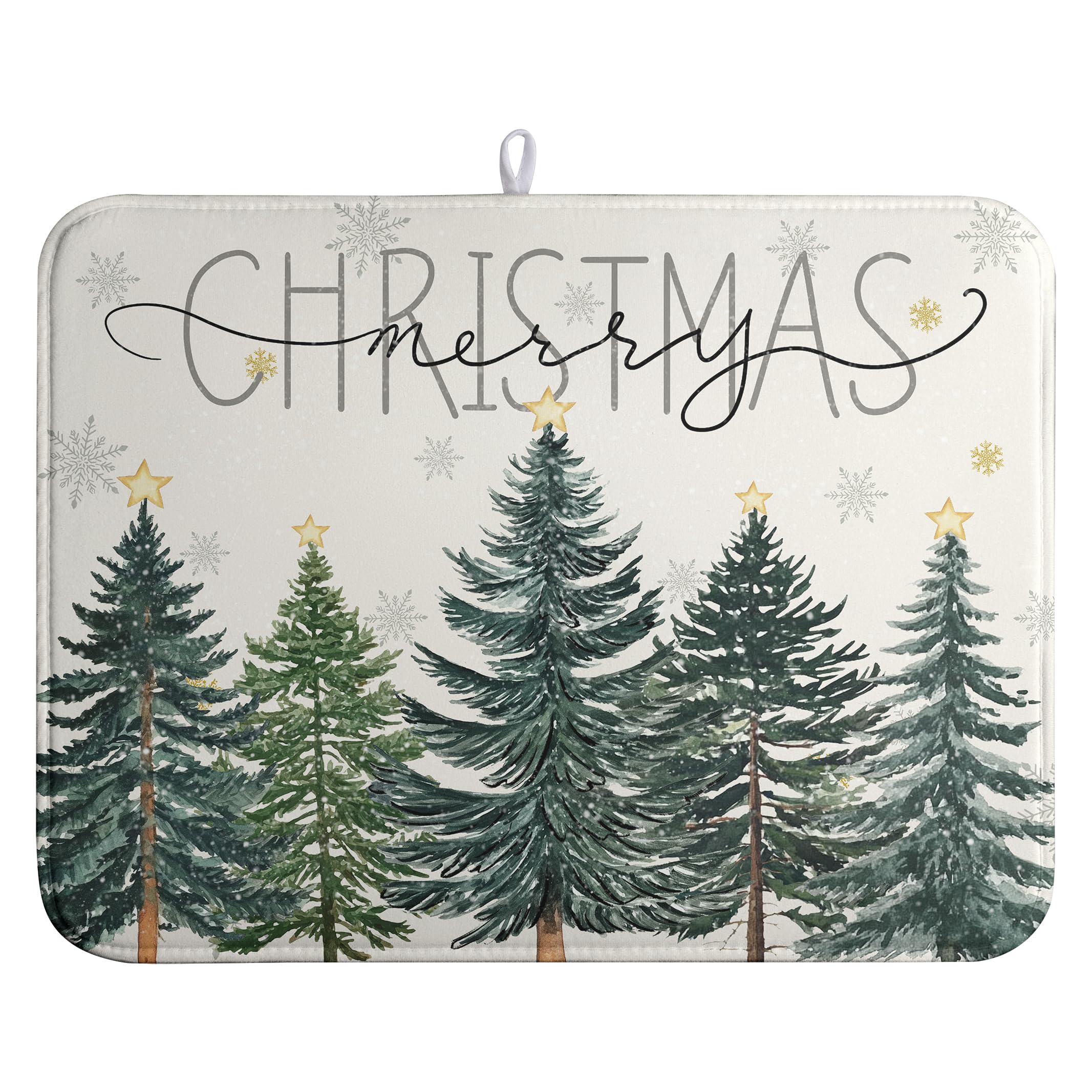 Merry Christma Trees Dish Drying Mat Winter Forest Large Kitchen Mats Dish Drying Pad Xmas Snow Absorbent Dish Dryer Mat for Kitchen Countertops