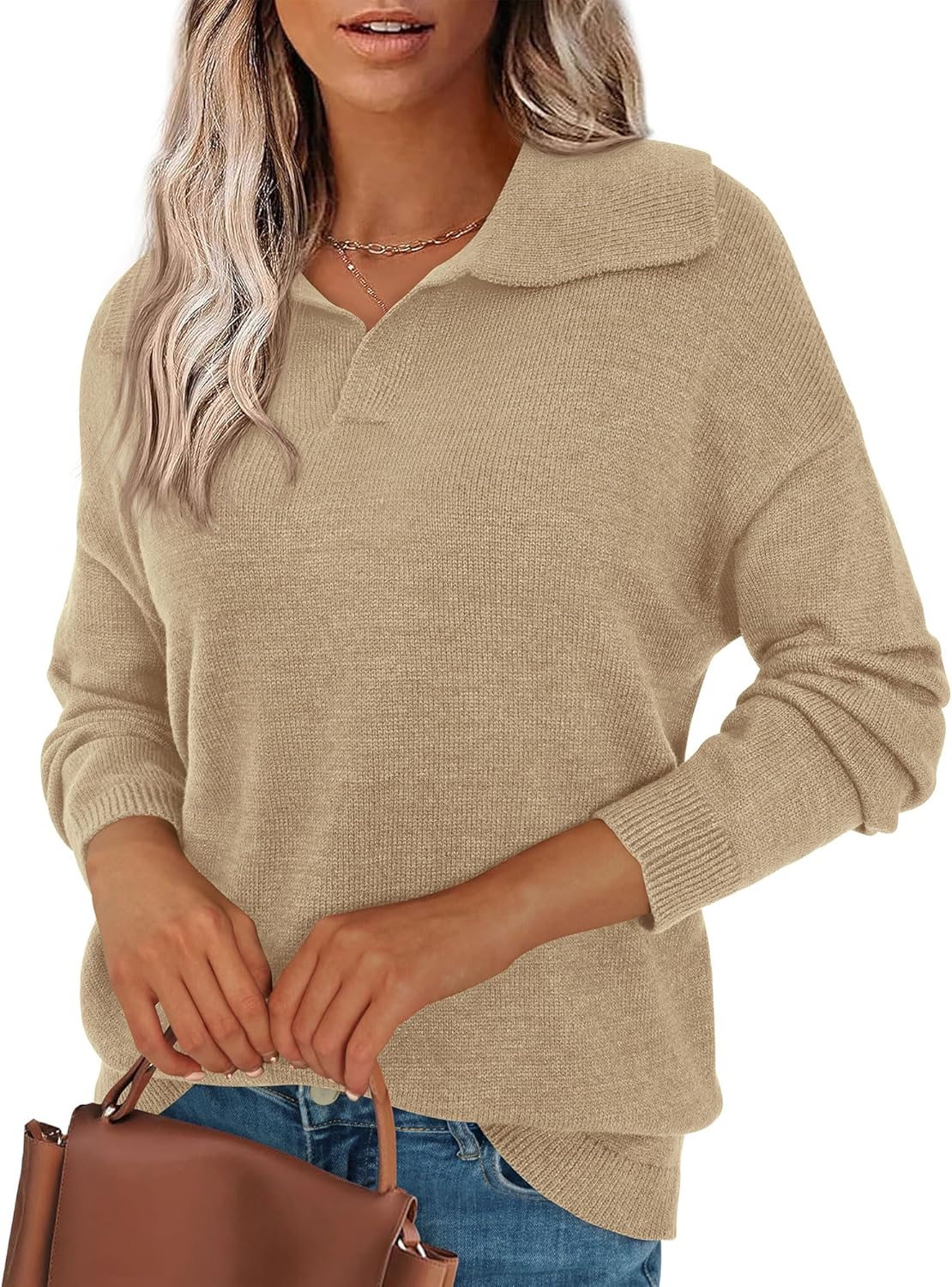 Zenlonr Women's Sweaters 2025 Fall Winter Lapel V Neck Knit Sweater Long Sleeve Casual Soft Pullover Jumper Tops