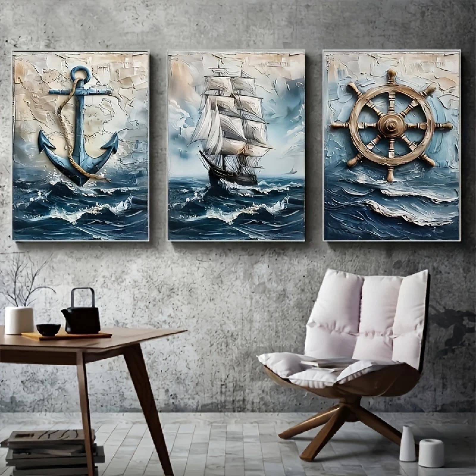 CHAOJIART Nautische Kunstdrucke auf Leinwand, moderne Wandgemälde mit Anker, Schiff, Steuerrad für Wohnzimmer, Retro-Poster mit maritimer Landschaft, 40 x 60 cm x 3 Innenrahmen