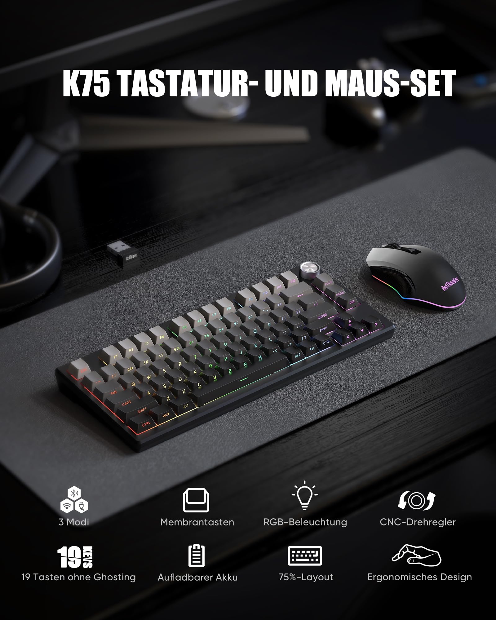RedThunder K75 Gaming Tastatur und Maus Set Kabellos, 75% US Layout, TKL Membrantastatur, 2,4G/USB/BT, 4800 DPI, 4000 mAh (Gradient Grey)