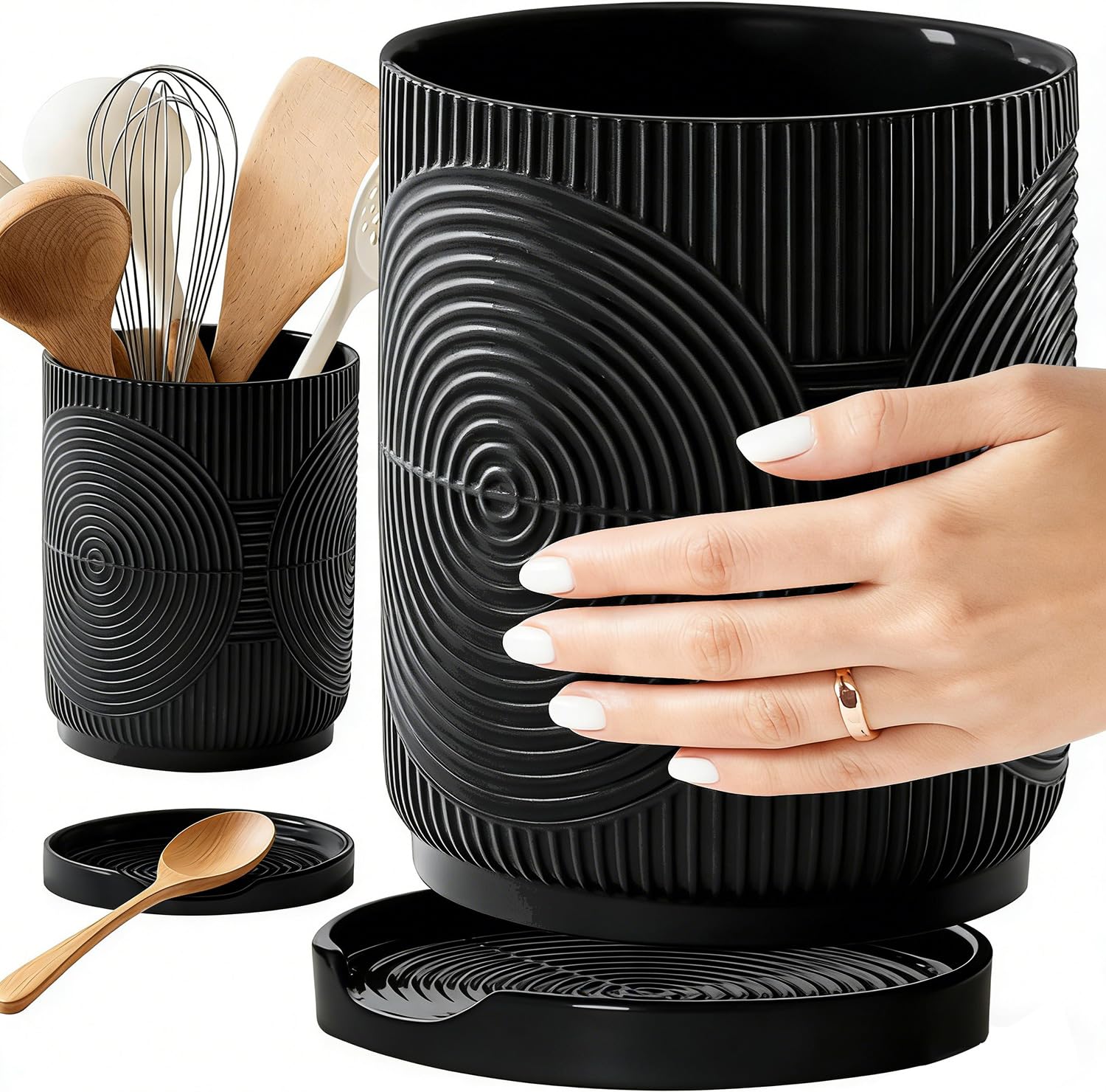 Photo 1 of Swkien Utensil Holder, 7.2" Kitchen Utensil Holder for Counter, 2-in-1 Ceramic Cooking Utensils Holders with Spoon Rest, Utensil Crock for Spatula, Ideal Housewarming Gift (Black)