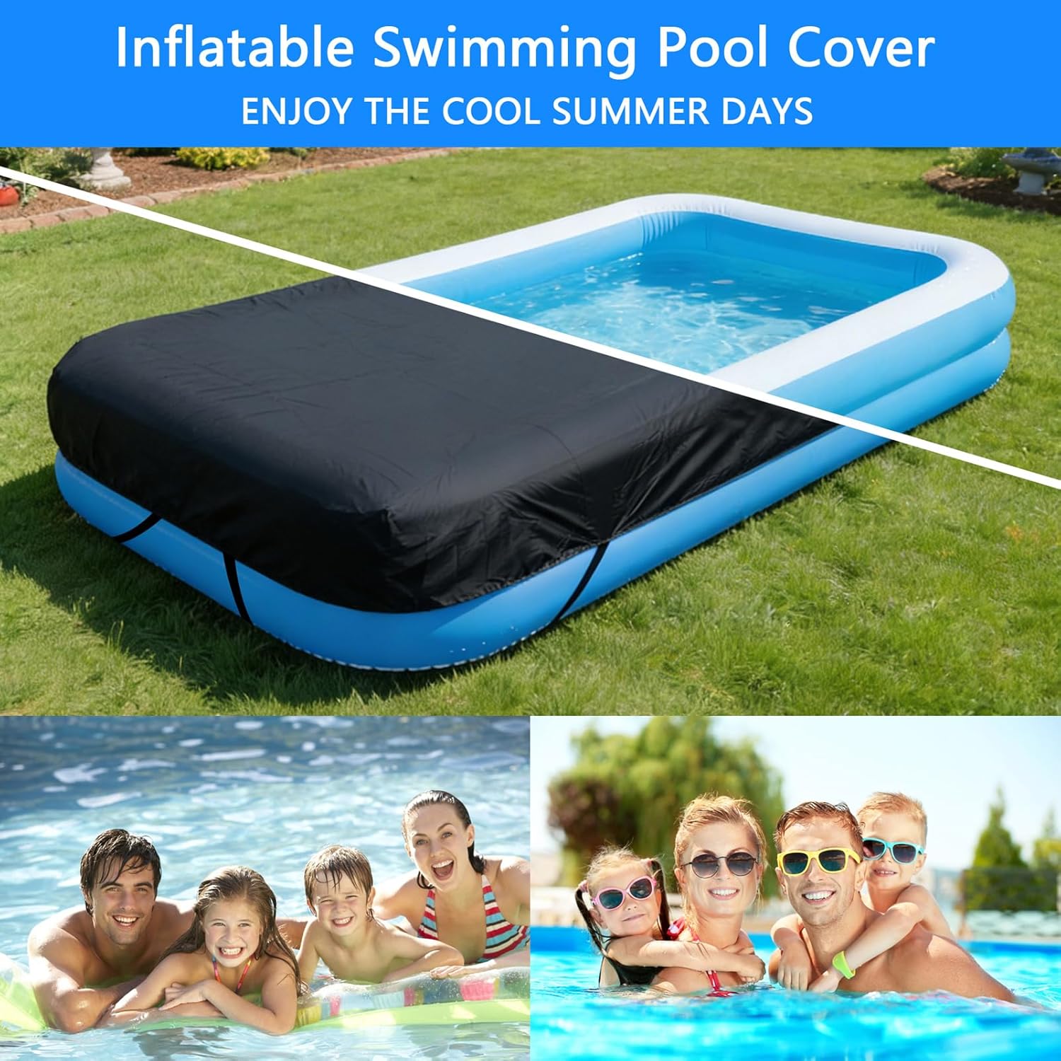 130 x 72 inch Inflatable Rectangle Pool Cover 10.83 x 6 ft Inflatable Rectangular Kid Pool Covers Garden Outdoor Above Ground Swimming Pool Shades Backyard Adult Pool Accessories