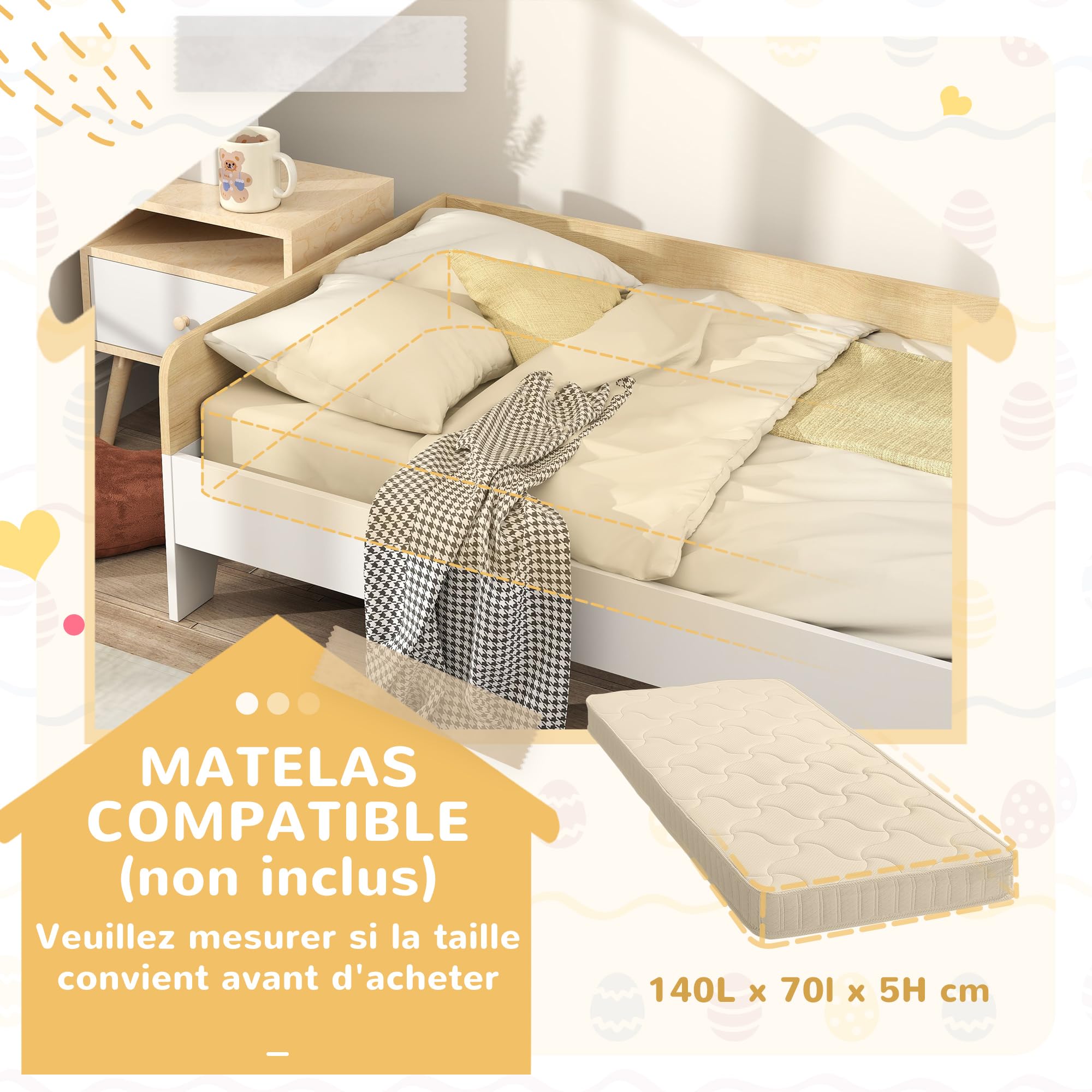 AIYAPLAY Lit Enfant Sommier à Lattes Conception Basse 143,5 x 74 cm Blanc | Panneaux Latéraux Élevés, Meubles de Chambre d'Enfant, Bois