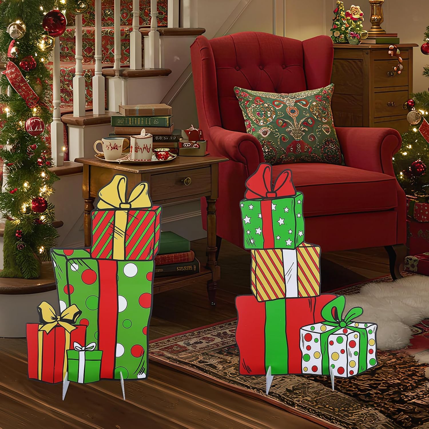 Chunful 2 Pcs Large Funny Christmas Decorations 24 Inch Whimsical Box Stand up Decorations Festive Green and Red Holiday Decor for Xmas Tree Home Decor
