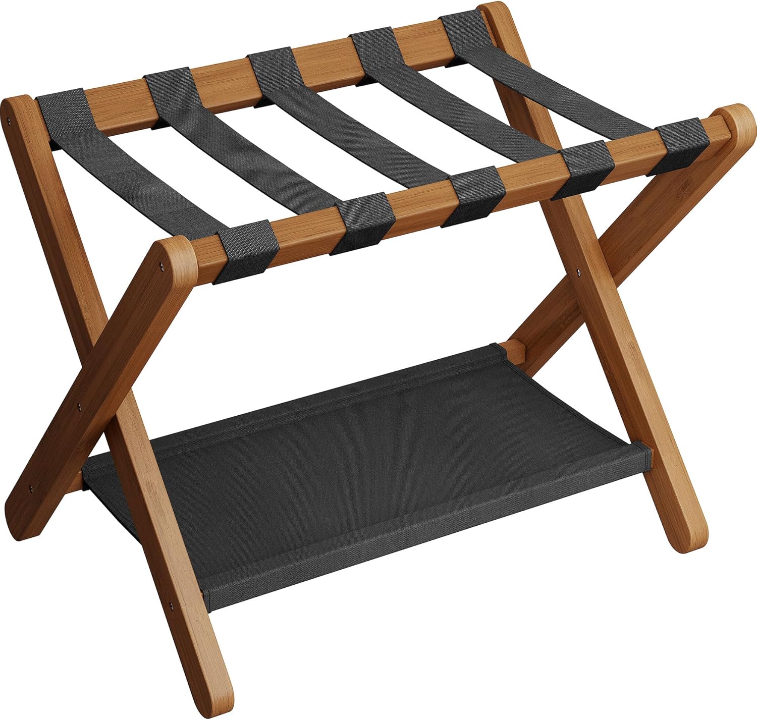 Heybly Luggage Rack for Guest Room, Folding Luggage Stand & Suitcase Holder, Suitcase Stand, Heavy Duty Wooden Luggage Rack with Double Shelf for Hotel & Bedroom, 5 Heavy Duty Straps, Walnut HLR012WB1