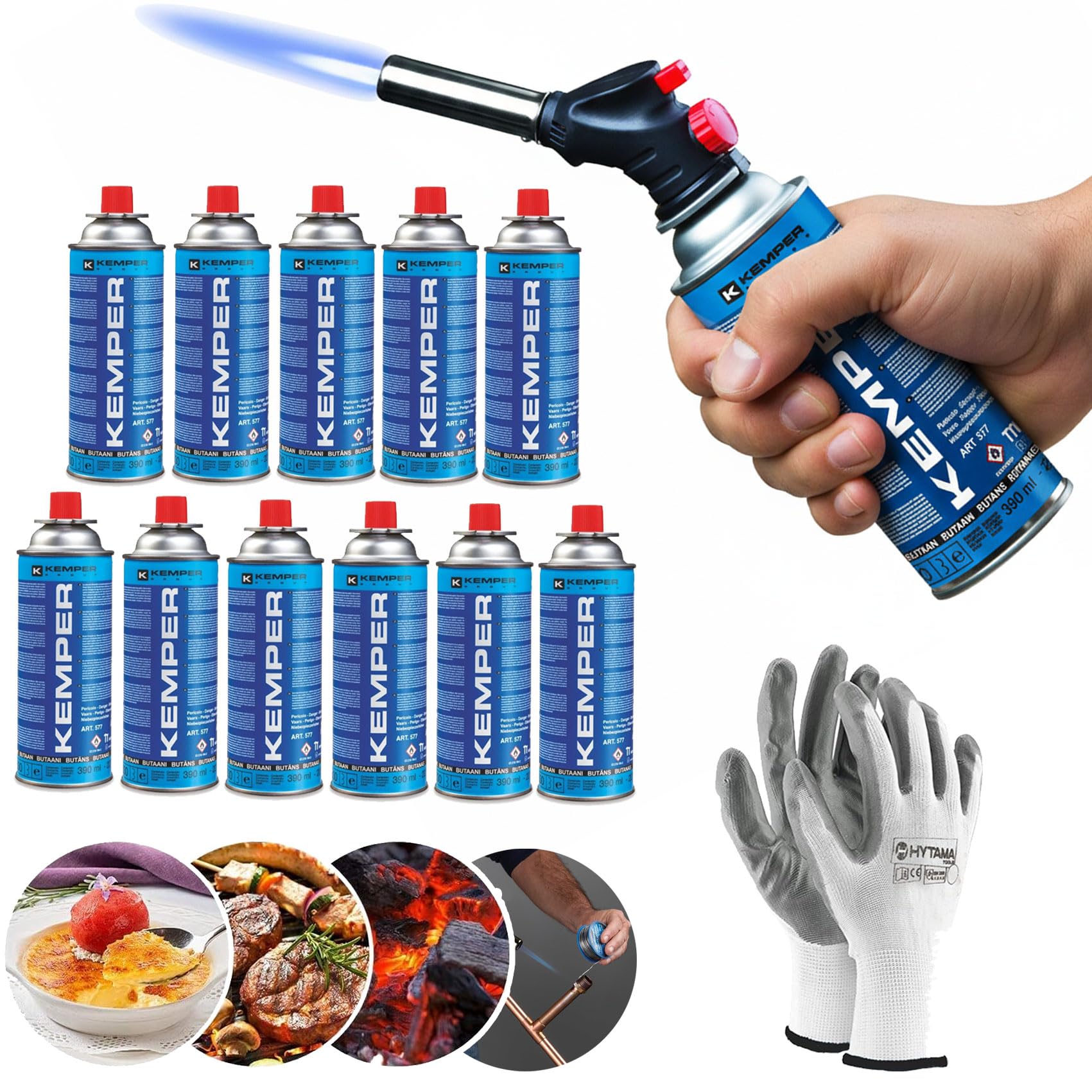 KEMPER - Chalumeau à gaz Multi-usages Soudure Brasage Cuisine + 12 Cartouche de gaz butane 227gr + gants gratuits