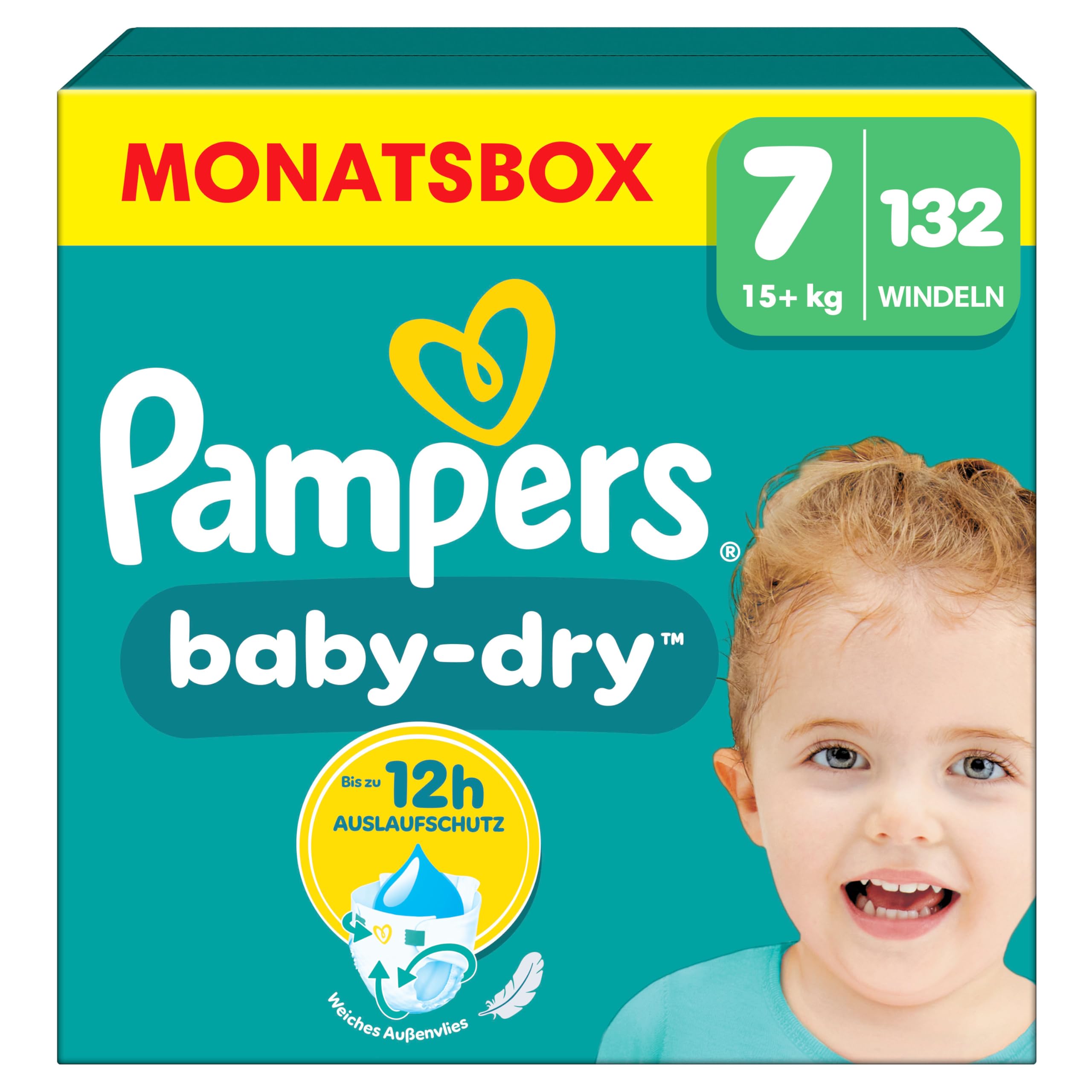 Pampers Pañales tamaño 7 (15 kg+) Baby Dry, extra grande, caja de meses, hasta 12 horas de protección contra fugas, 132 unidades (1 unidad)