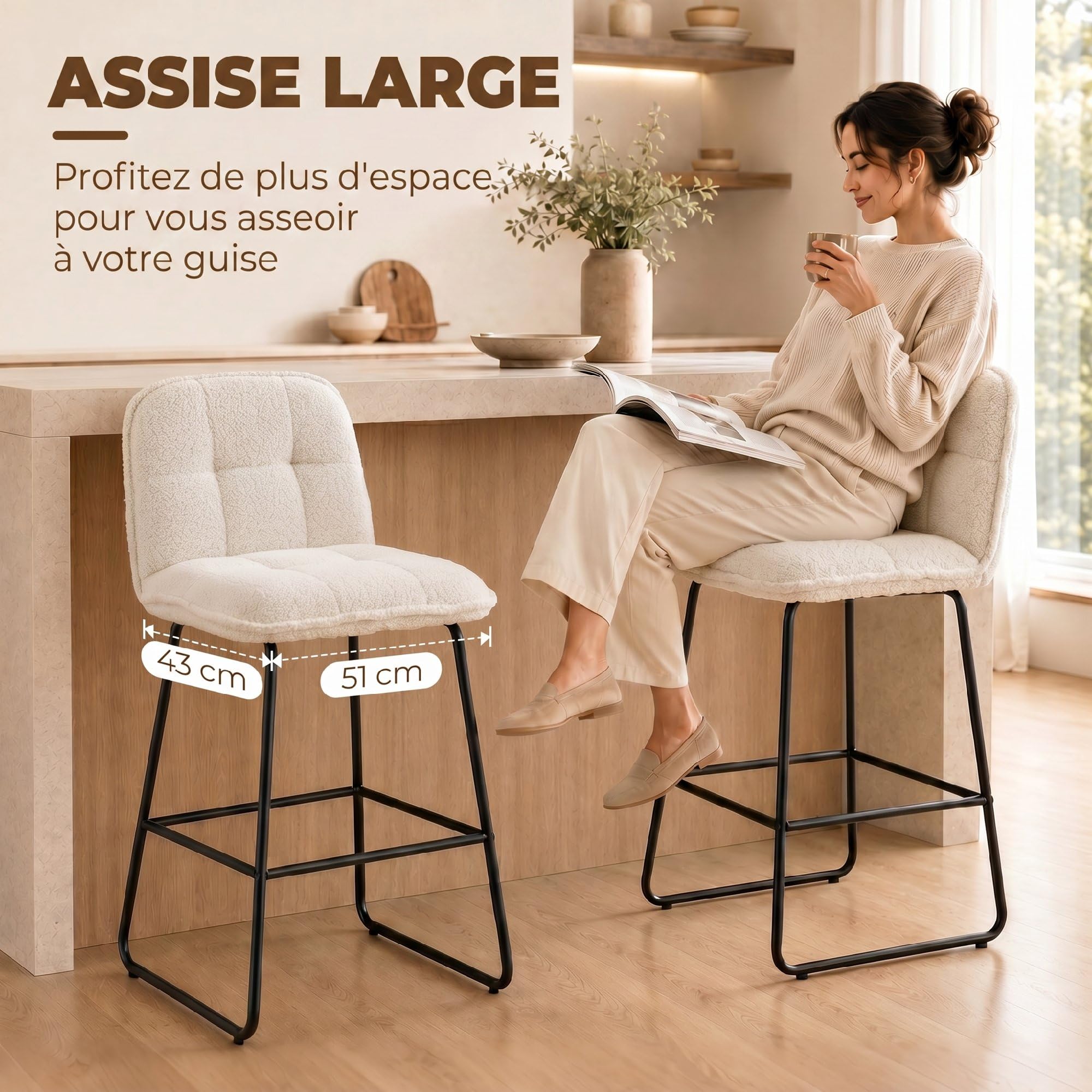HOMCOM Lot de 2 Tabourets de Bar Extra-Large Assise 66H cm Crème