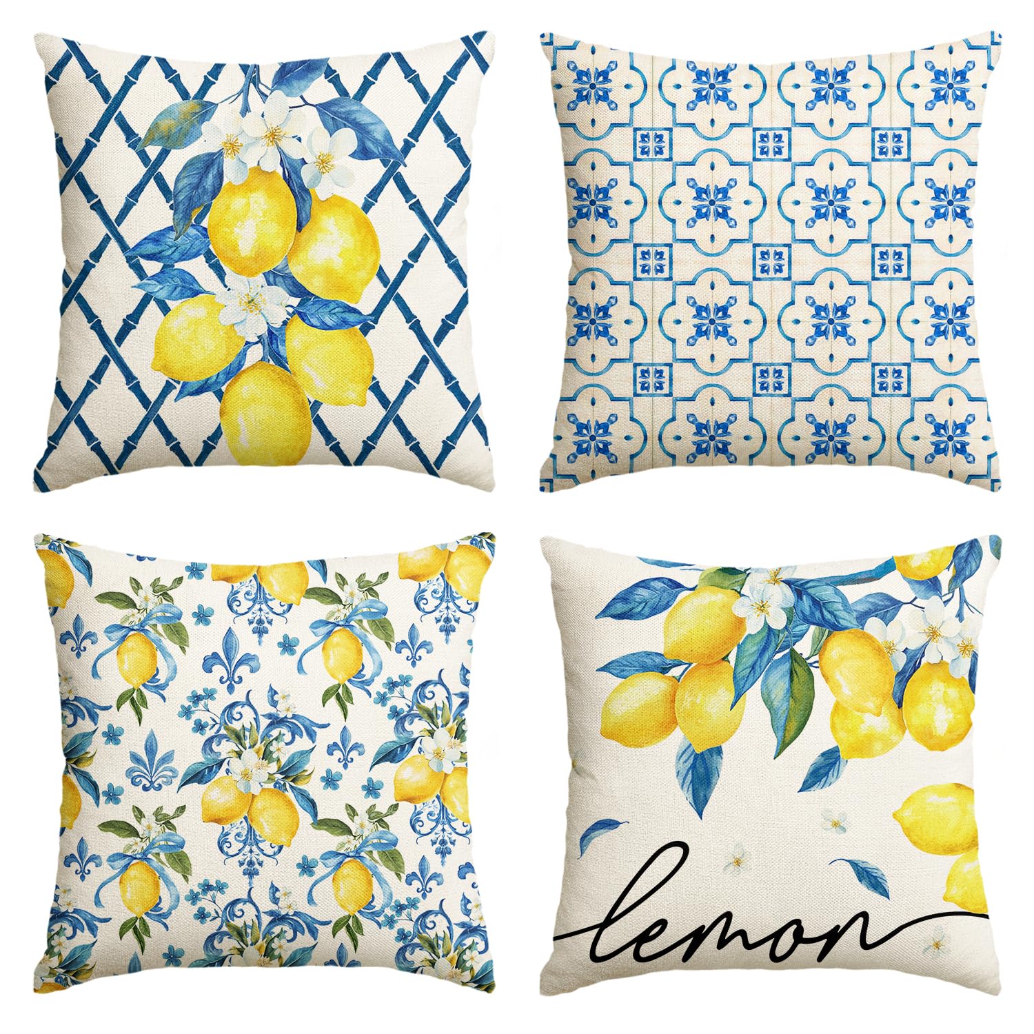 Housses de coussin d'été à grand motif citron jaune 50,8x50,8 cm | Lot de 4 design épuré