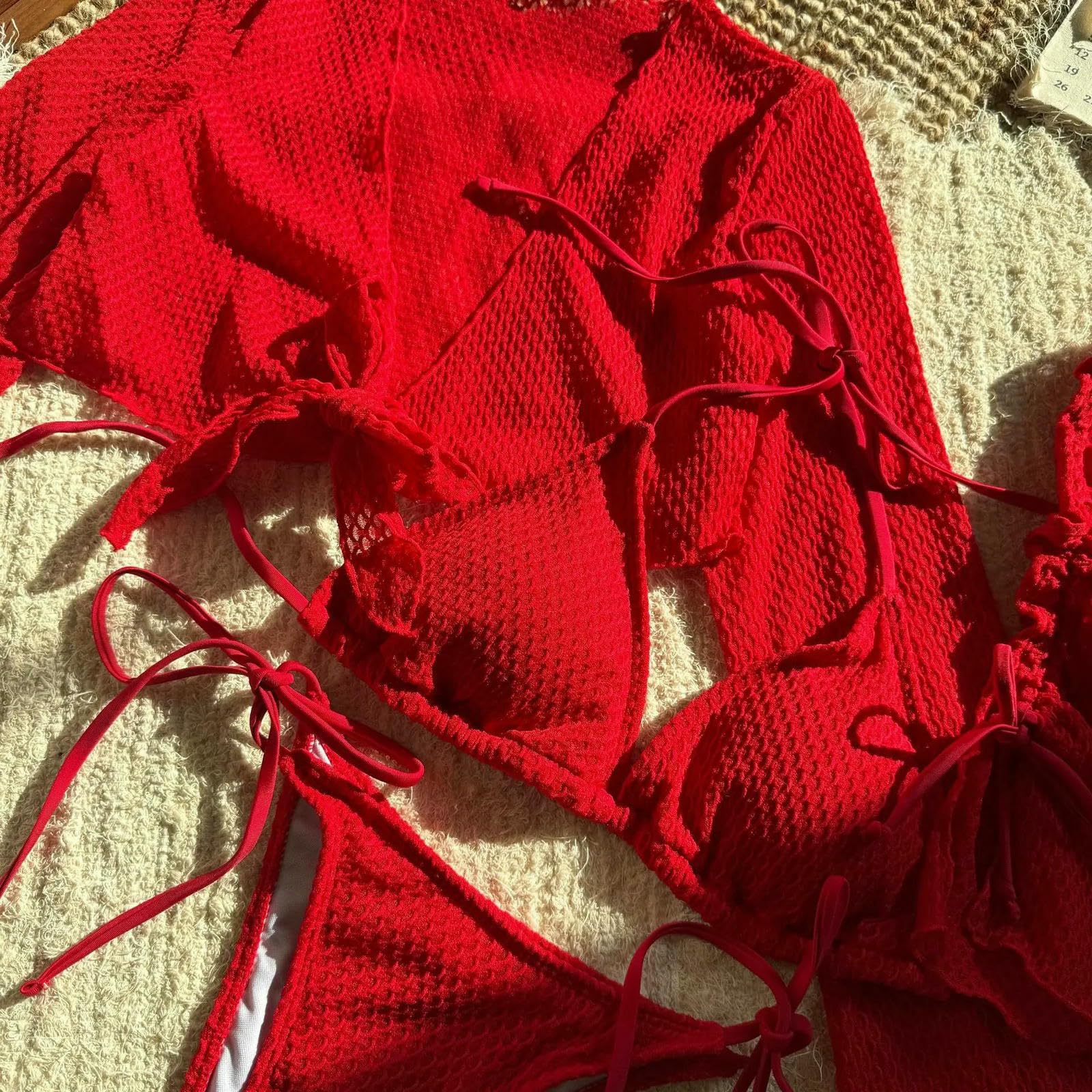 Costume Set di Bikini Rosso all'Uncinetto alla Moda - da Bagno Donna A 4 Pezzi Halter Triangolo con Top Manica Campana E Mini Gonna-Red-s
