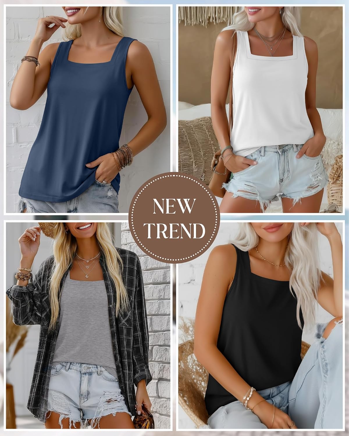 Riyiper 4 Pack Summer Women's Tank Tops Multipack Sleeveless Shirts Loose Fit Square Neck Tanks