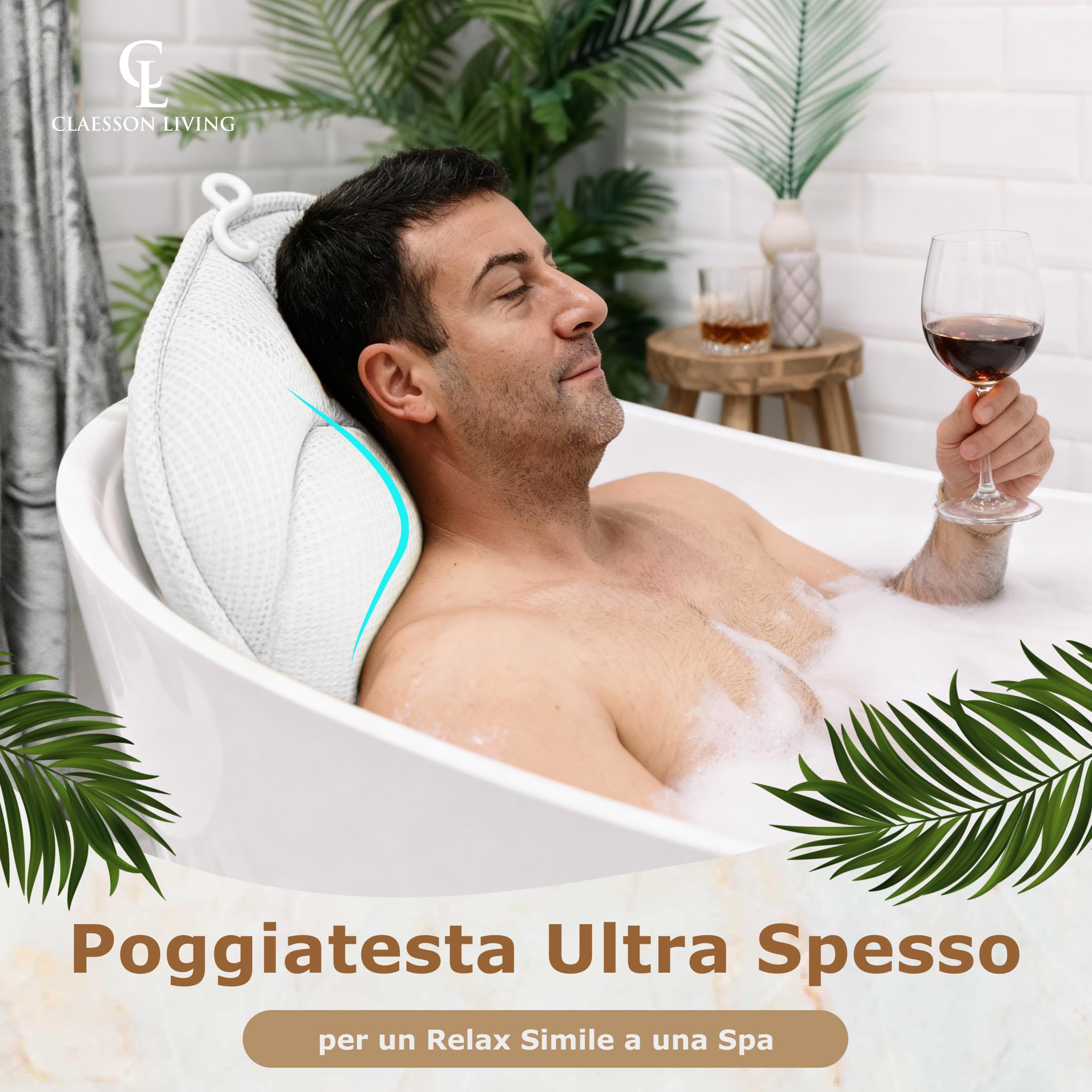 Cuscino Vasca da Bagno per Tutto il Corpo (152x56cm) – Cuscino Bagno con ventose e Poggiatesta (11cm); Supporta Collo, Schiena e Gambe – Incl. borse Lavaggio/Viaggio e Gancio Asciugatura – Bianco
