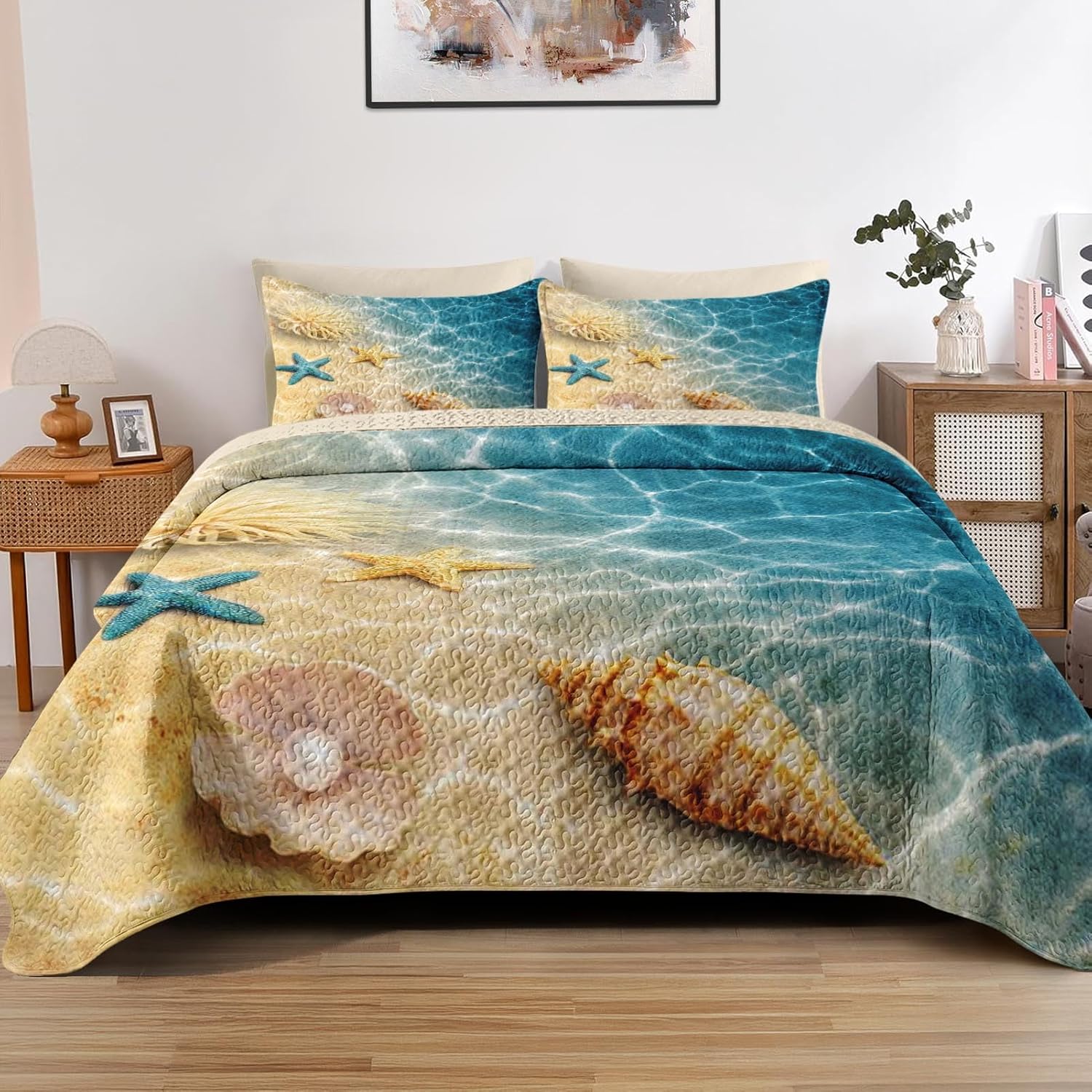 Quilt Set King Size, Sea Shell Coral Seahorse 3 Pcs Soft Bed Cover Bedding Set for Kids and Adults, Starfish Nautical Lightweight Bedspread Coverlet with Pillow Sham for All Season